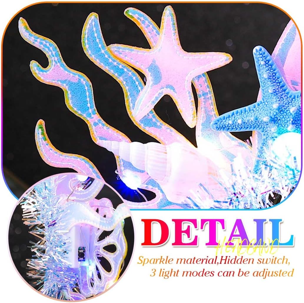 GORTIN Light Up Mermaid Headband Starfish Headpiece Glow Shell Hair Band Costume Hair Accessories for Women - Image 7