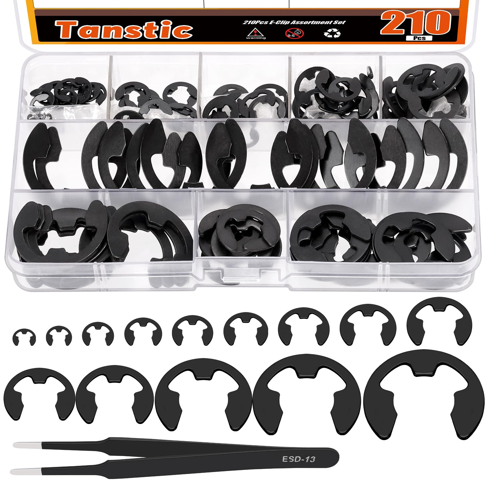 Tanstic 210Pcs 14 Sizes E-Clip External Retaining Ring E Clip Assortment Steel E-Clip for Bearings, Gears, Shafts(M1.5 M2 M3 M4 M5 M6 M7 M8 M9 M10 M12 M15 M19 M22)