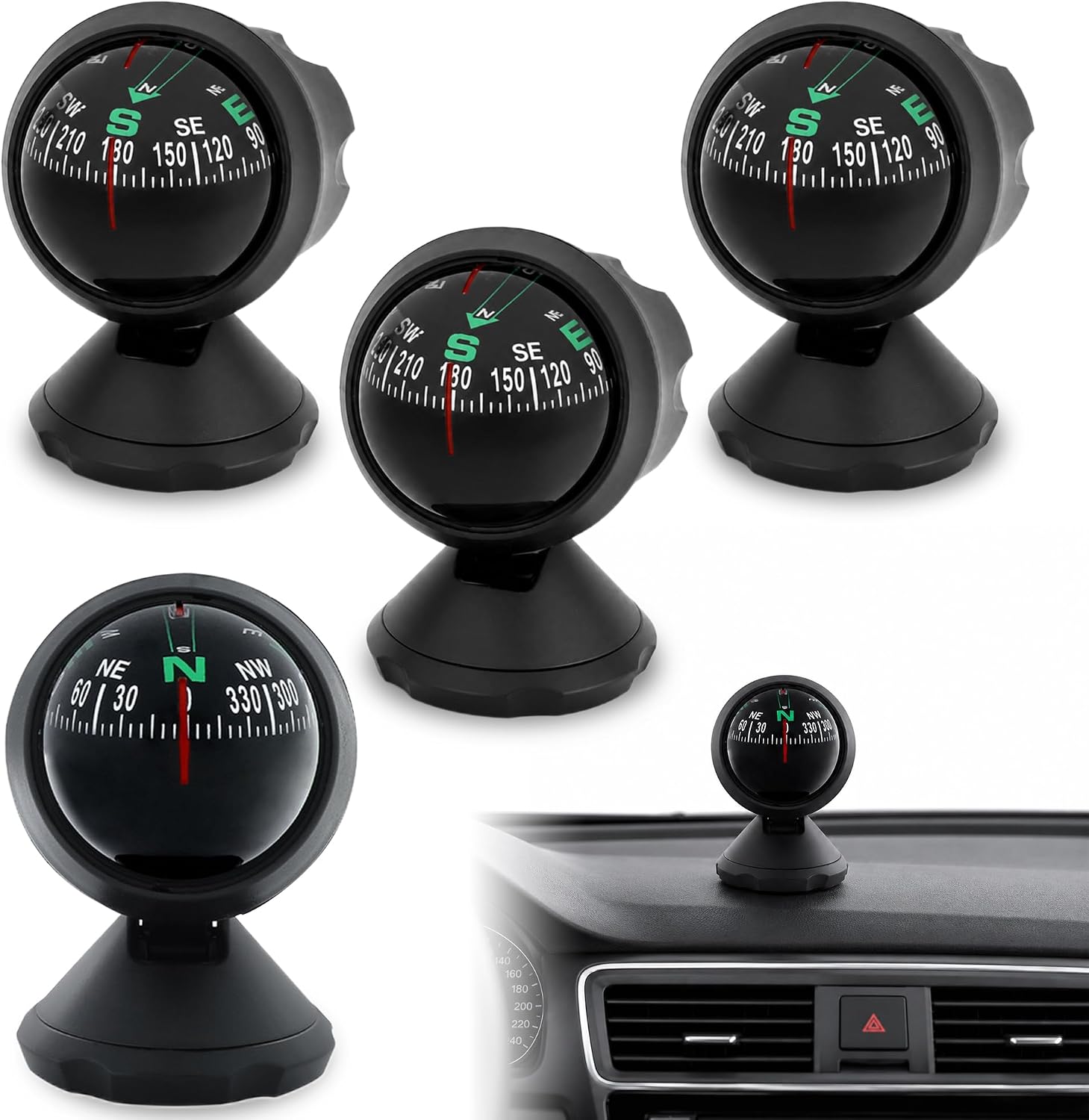 4 Pcs Car Compass for Car with Stick-On Base, Navigation, Adjustable, Black | Car Compass Dashboard, Adjustable Automotive Compasses ABS Angle Dashboard Navigation Tool for Car Truck to Find Direction