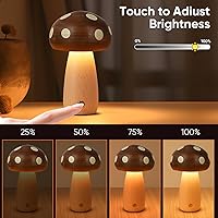 Vista 4 de 2 Pack LED Wood Mushroom Table Lamp, Rechargeable Cordless Touch Bedside Small Lamps, Wireless Stepless Dimming Night Light, Portable Battery Lamp