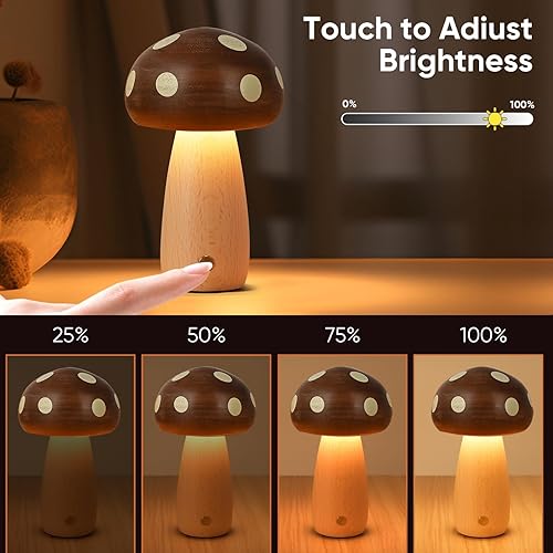 Miniatura 4 de Paquete de 2 lámparas de mesa LED de madera con forma de hongo, lámparas pequeñas recargables inalámbricas táctiles, luz nocturna inalámbrica de