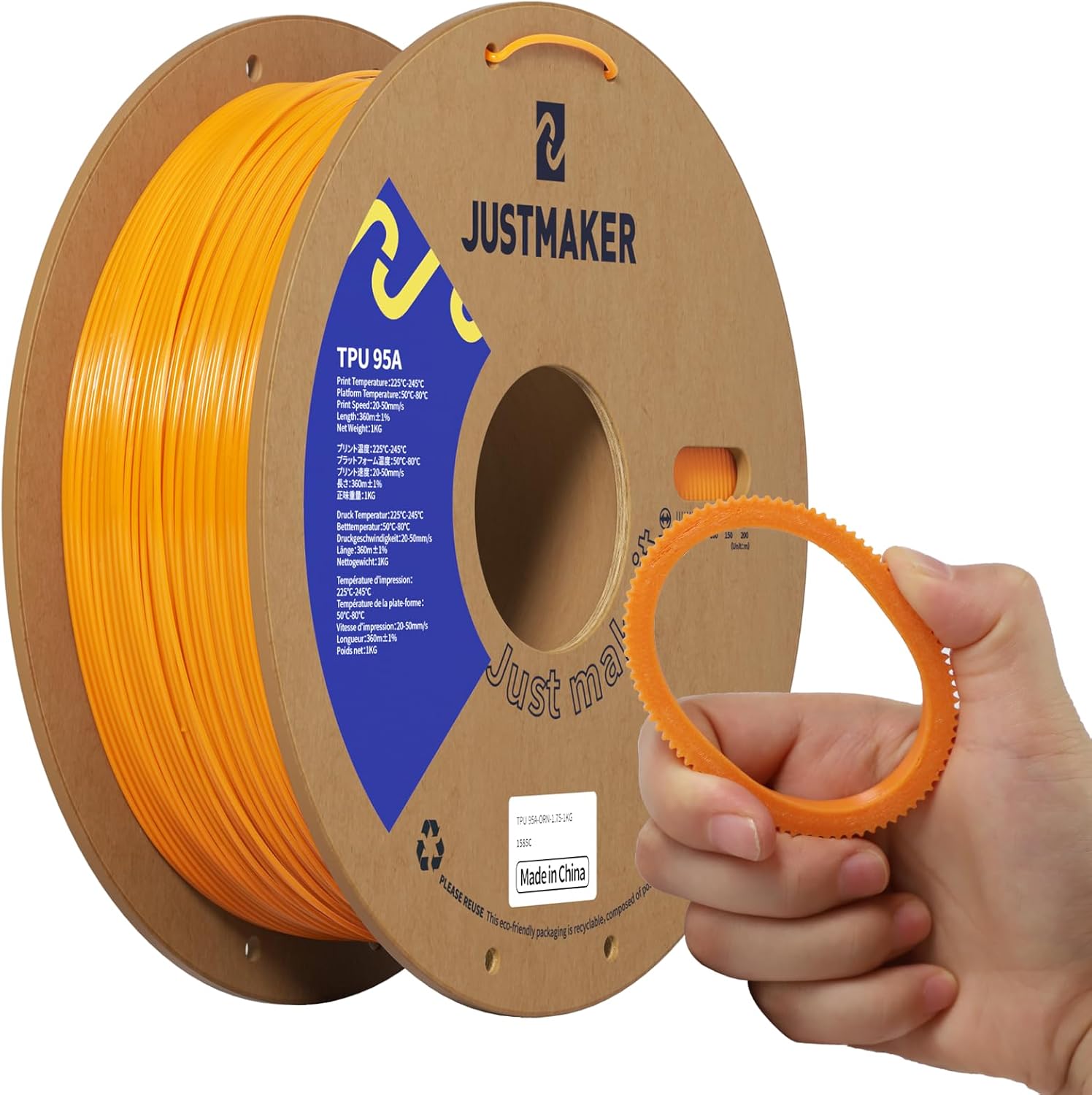 TPU 95A 3D Printer Filament, Suitable Resilience, Upgrade Cardboard Spool, 1kg, Dimensional Accuracy +/-0.05mm, 1.75mm, Orange