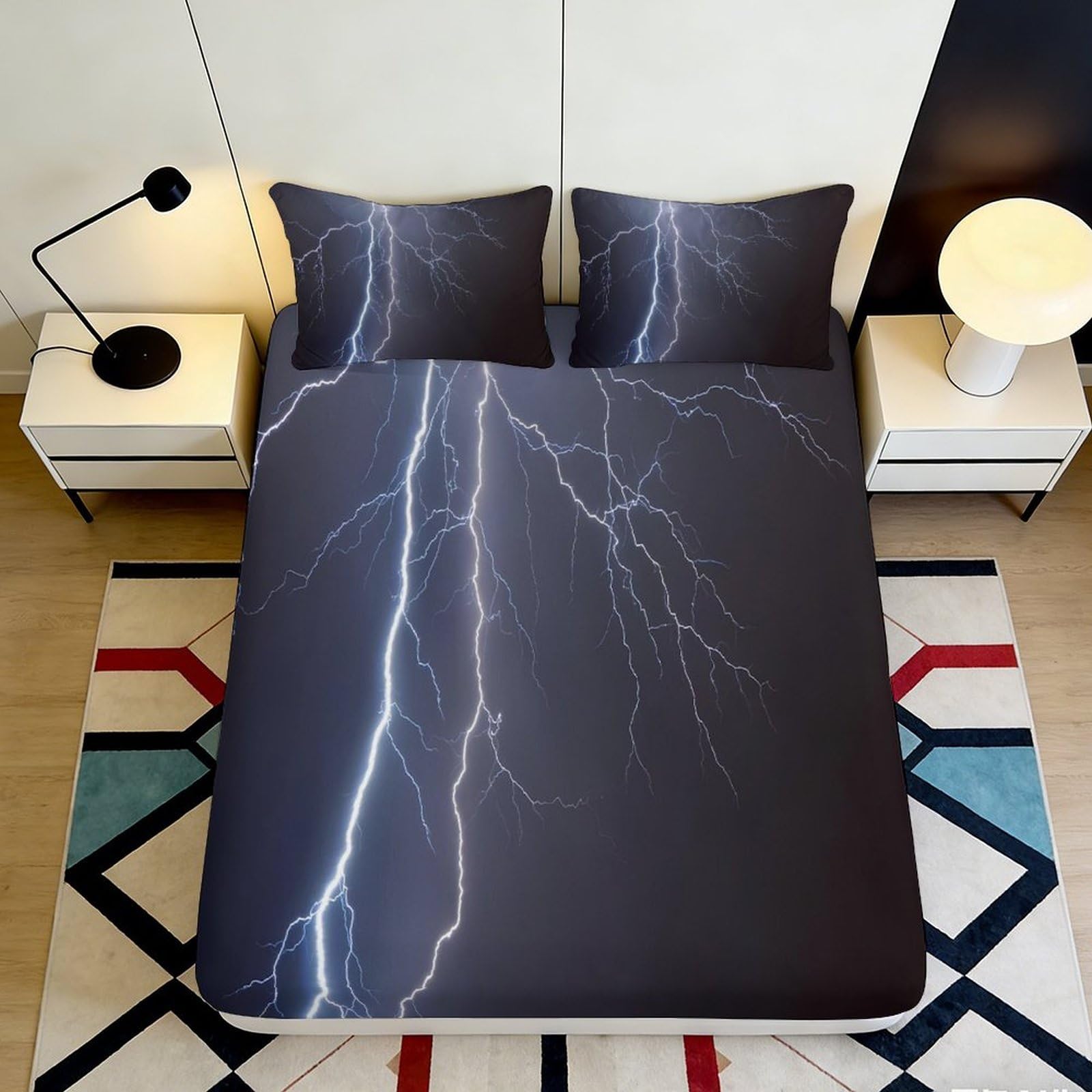 3D Printed Lightning Storm Fitted Sheet Microfiber Soft Dark Thunder Bed Cover for Bedroom Dorm Mattress Protection Decor 90x200x25cm