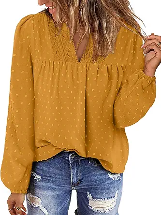 BETTE BOUTIK Women Boho Long Sleeve Shirts Dressy Casual V Neck Fall Fashion Tops Swiss Dot Flowy Blouses