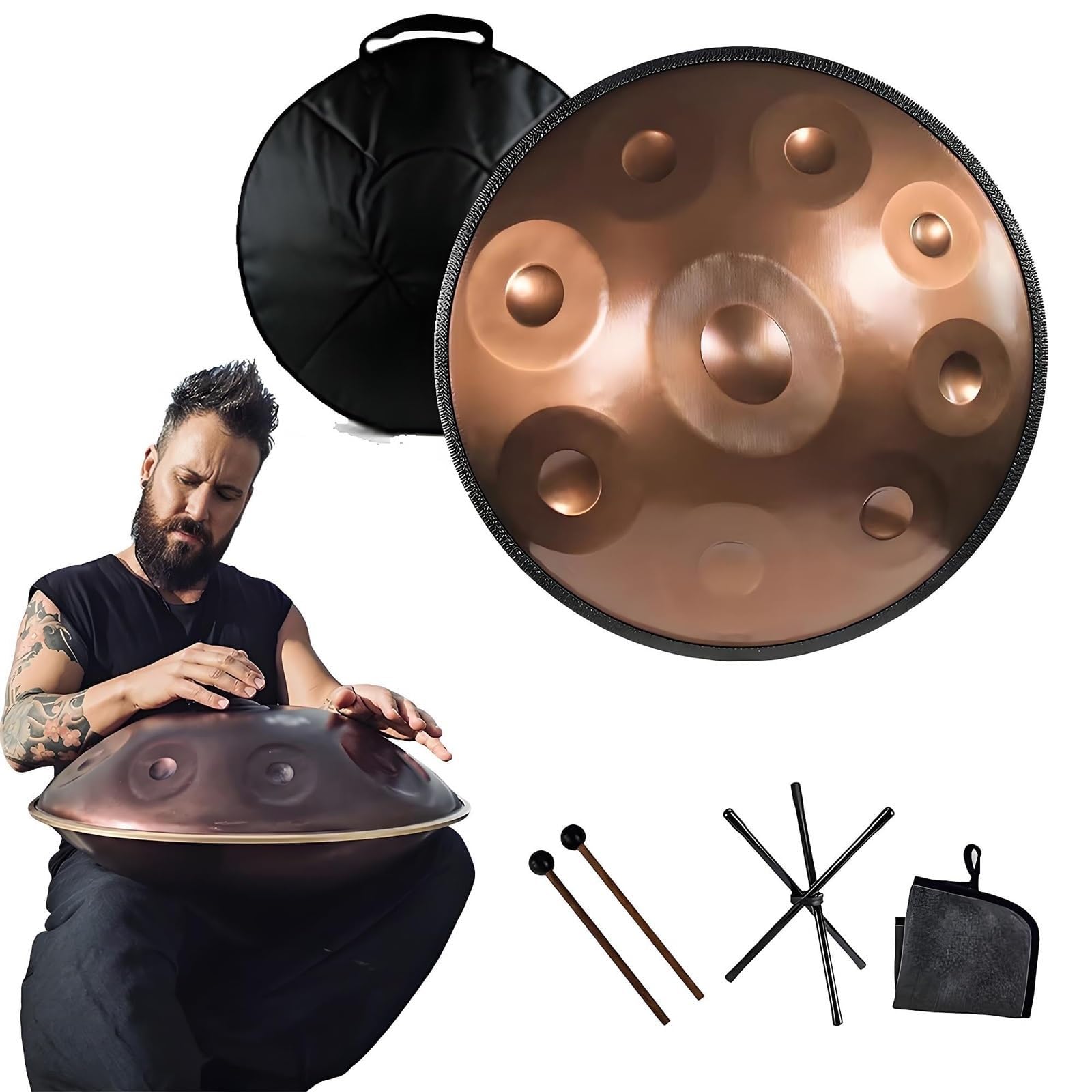 Ręczne zestawy bębnów 432/440 Hz, stalowe ręczne instrumenty perkusyjne, bęben ręczny D-Moll, instrument ręczny dla dzieci i dorosłych, z torbą do przechowywania (10 nut, 440 Hz)