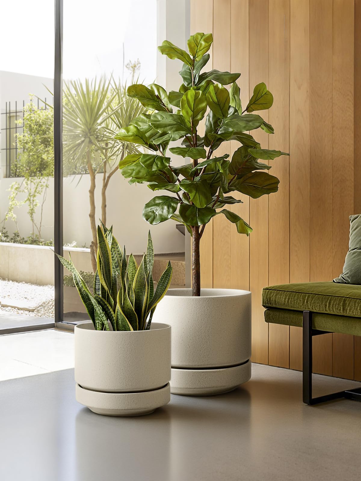 LE TAUCI Maceta de Cerámica Grande 30 cm con Plato - Macetero Grande para Exterior E Interior, con Agujero de Drenaje, Rejilla y Tapón, No Esmaltada y Transpirable - Beige Arena