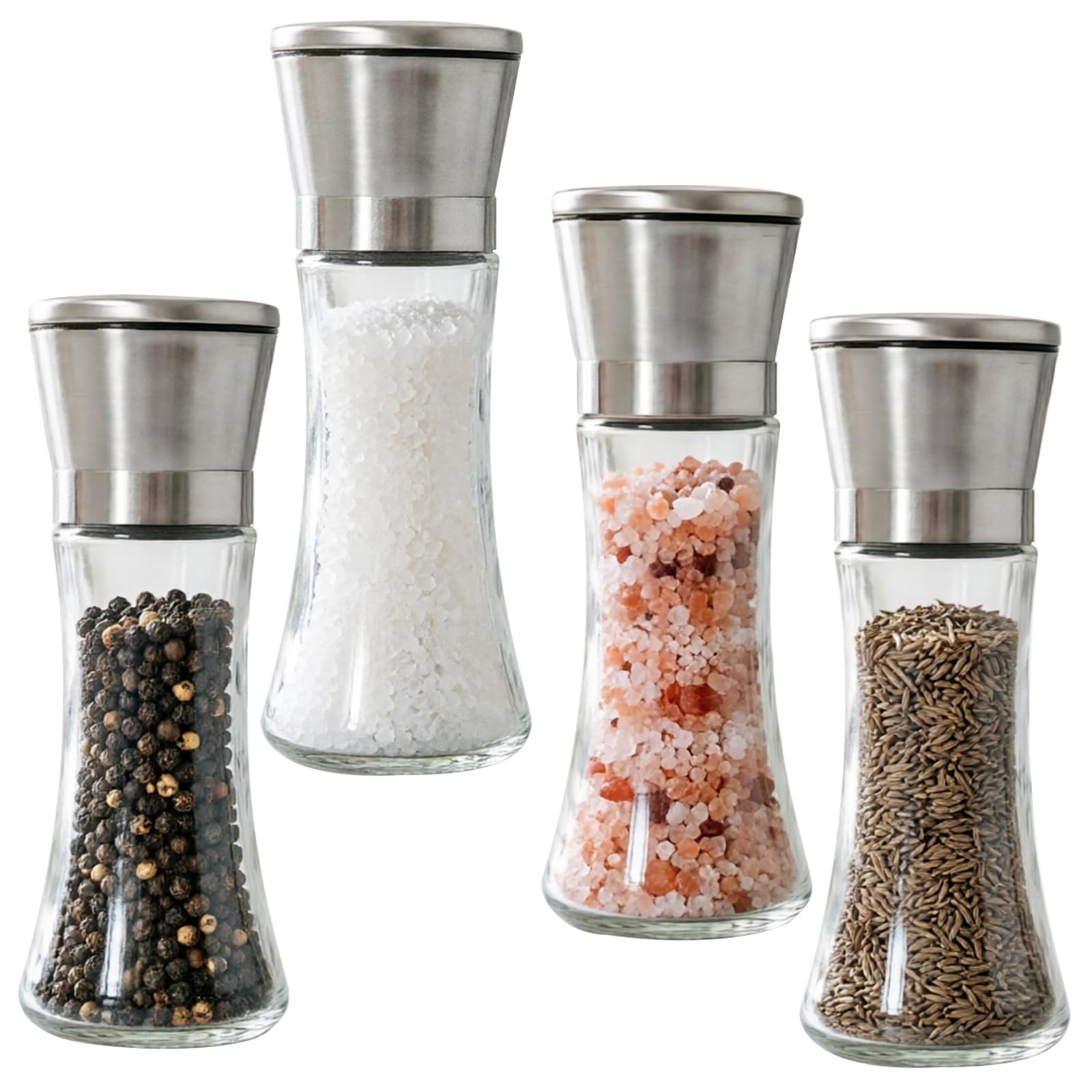 4 Pack Salt and Pepper Mill Set, Stainless Steel Spice Grinders