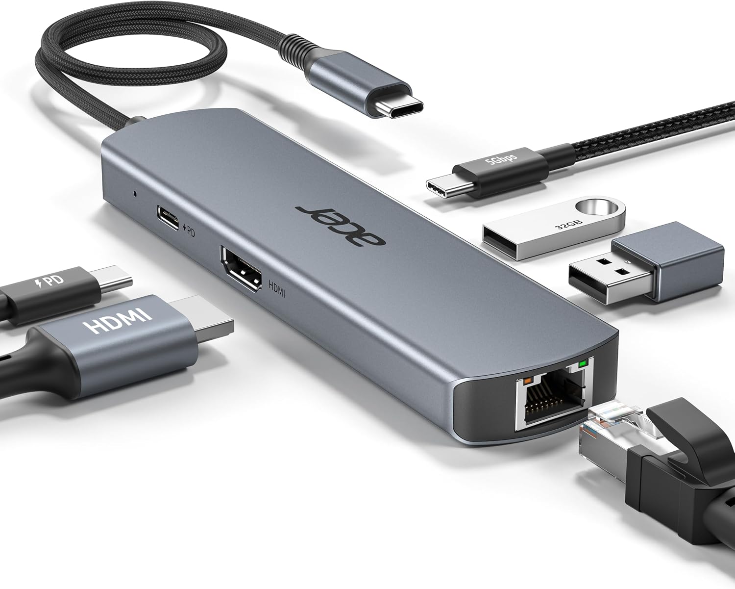 acer Hub USB C 6 in 1 con Ethernet 1Gbps, HDMI 4K@60Hz, PD100W | 1 USB-C 5 Gbps, 2 USB-A 3.0, docking station multiporta per iPhone 17/16, MacBook iPad Pro/Air, Mac mini M4, Galaxy S26 ecc.