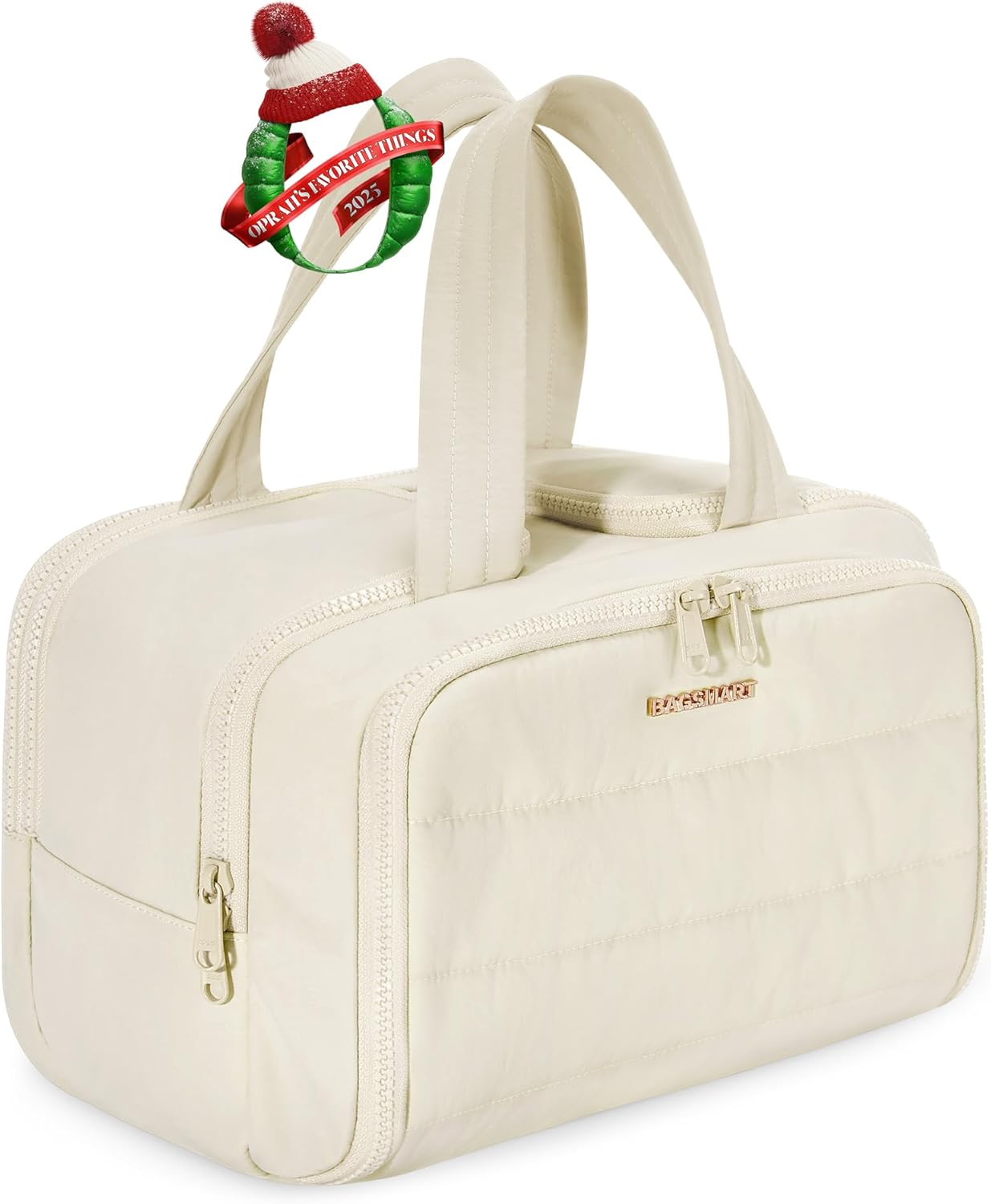 BAGSMART Travel Toiletry Bag, Crush Toiletry Bag for Women, Wide-open Puffy Toiletry Bags for Traveling, Large Travel Cosmetic Makeup Bag Organizer for Accessories,Toiletrie, Beige