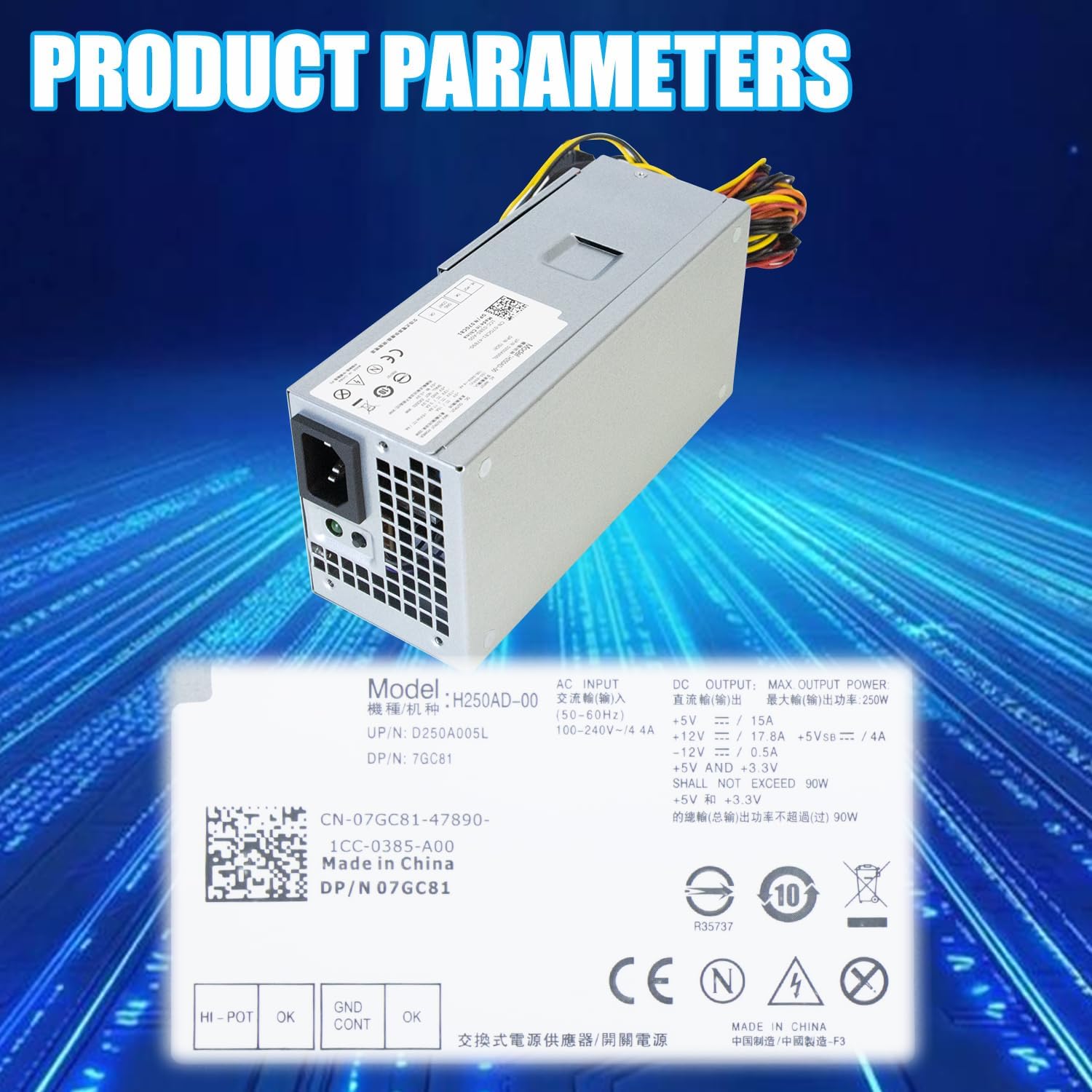 D250AD-00 H250ad-00 250W Power Supply for Dell Optiplex 390 3010 990 790 DT 530s 537s 540s 545s 546s 560s 570s 580s Vostro 200s 220s 230s 400s Studio 540s Slim Desktop DT Systems L250NS-00