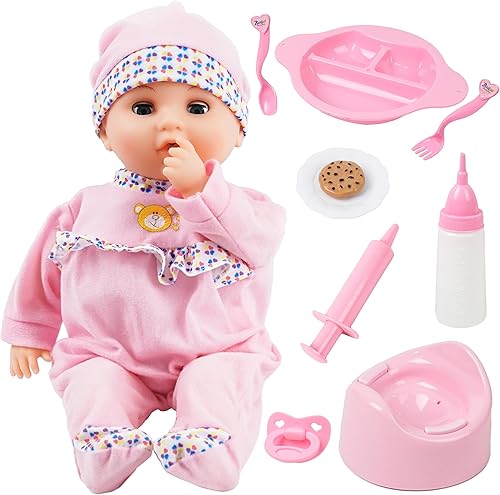 Miniatura 9 de Toy Choi's Muñeca de bebé interactiva rosa de 16 pulgadas que llora, habla y se alimenta con diferentes sonidos y accesorios, juguetes de juego