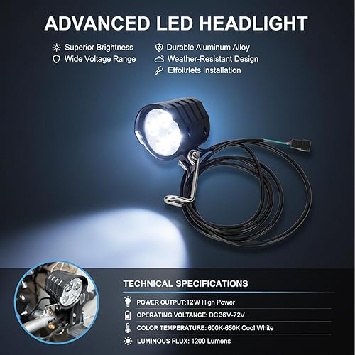 Miniatura 4 de Faro delantero Ebike de 3 pines - PSLER 36V-72V barra de luz para bicicleta, luz delantera de bicicleta eléctrica con bocina