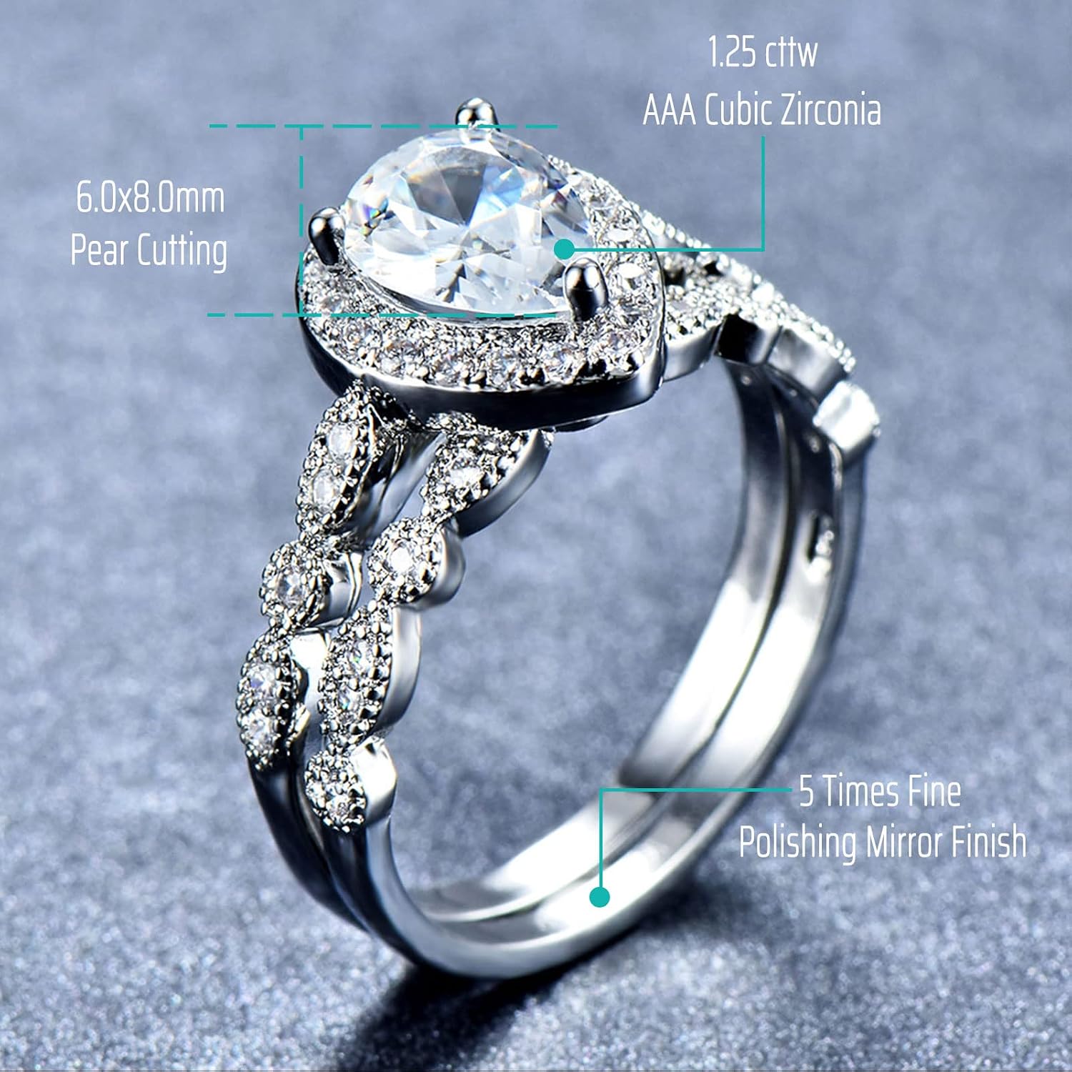 CEJUG Pear Shape Teadrop 1.5Ct 18k White Gold Plated Wedding Rings for Women Engagement Bands Bridal Set Cz Size 9