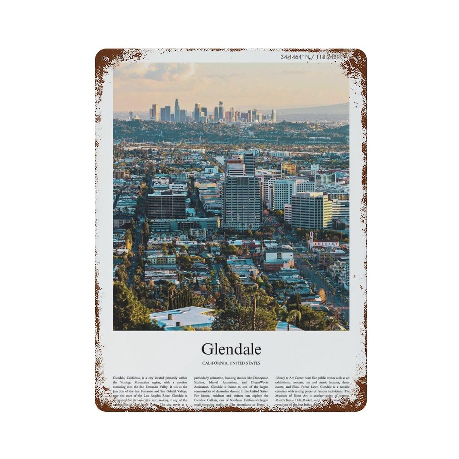 xiaoxiaoshen Glendale California, United States, USA City Scenery Wall Decor Art Metal Tin Poster Modern Home Decor Art Home Bar Shop Decorations Vintage Sign 40x30cm
