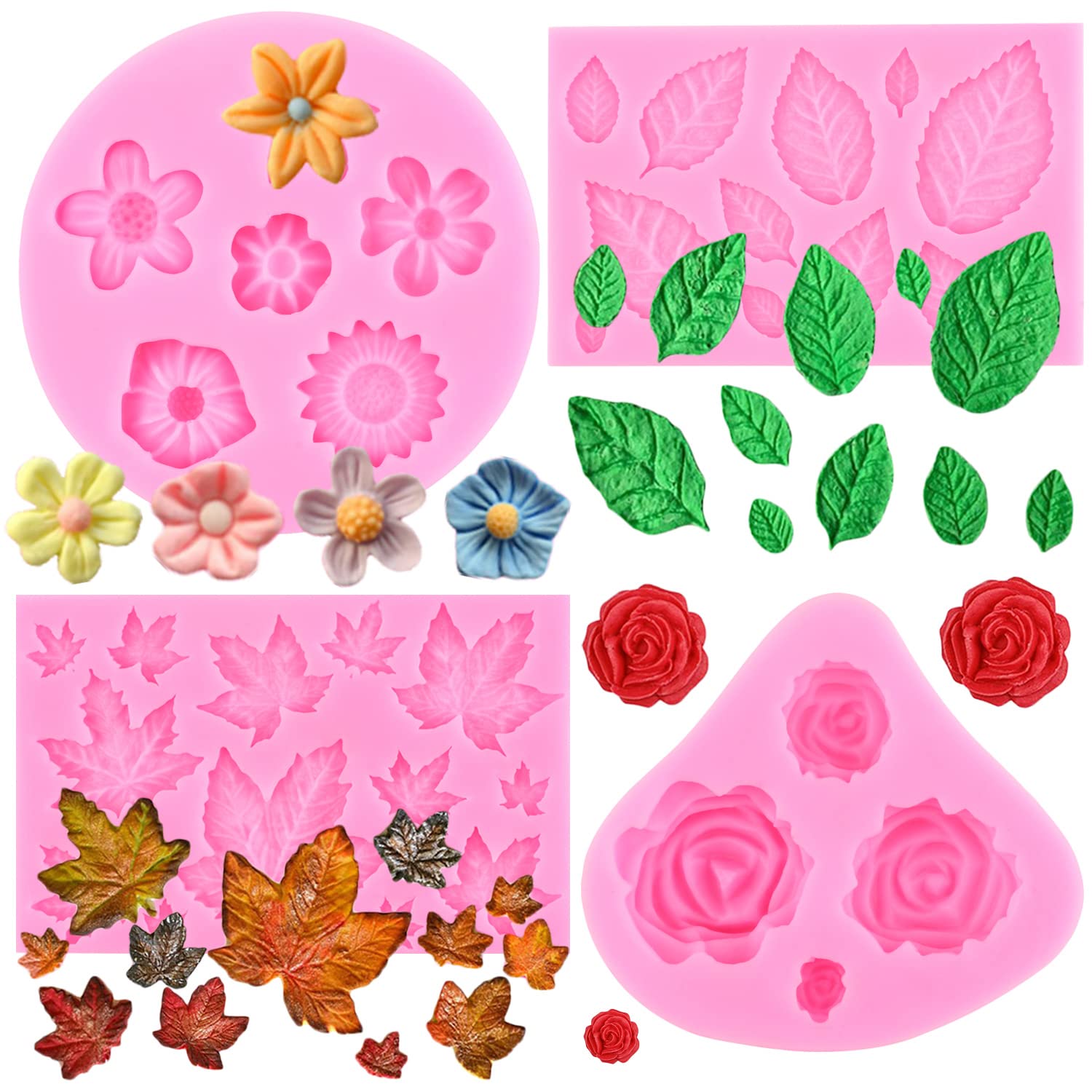 Rose Flowers and Leaves Fondant Candy Silicone Molds Maple Leaf Silicone Mold For Sugarcraft Cake Decorating Cupcake Topper Chocolate Gum Paste Polymer Clay Set Of 4