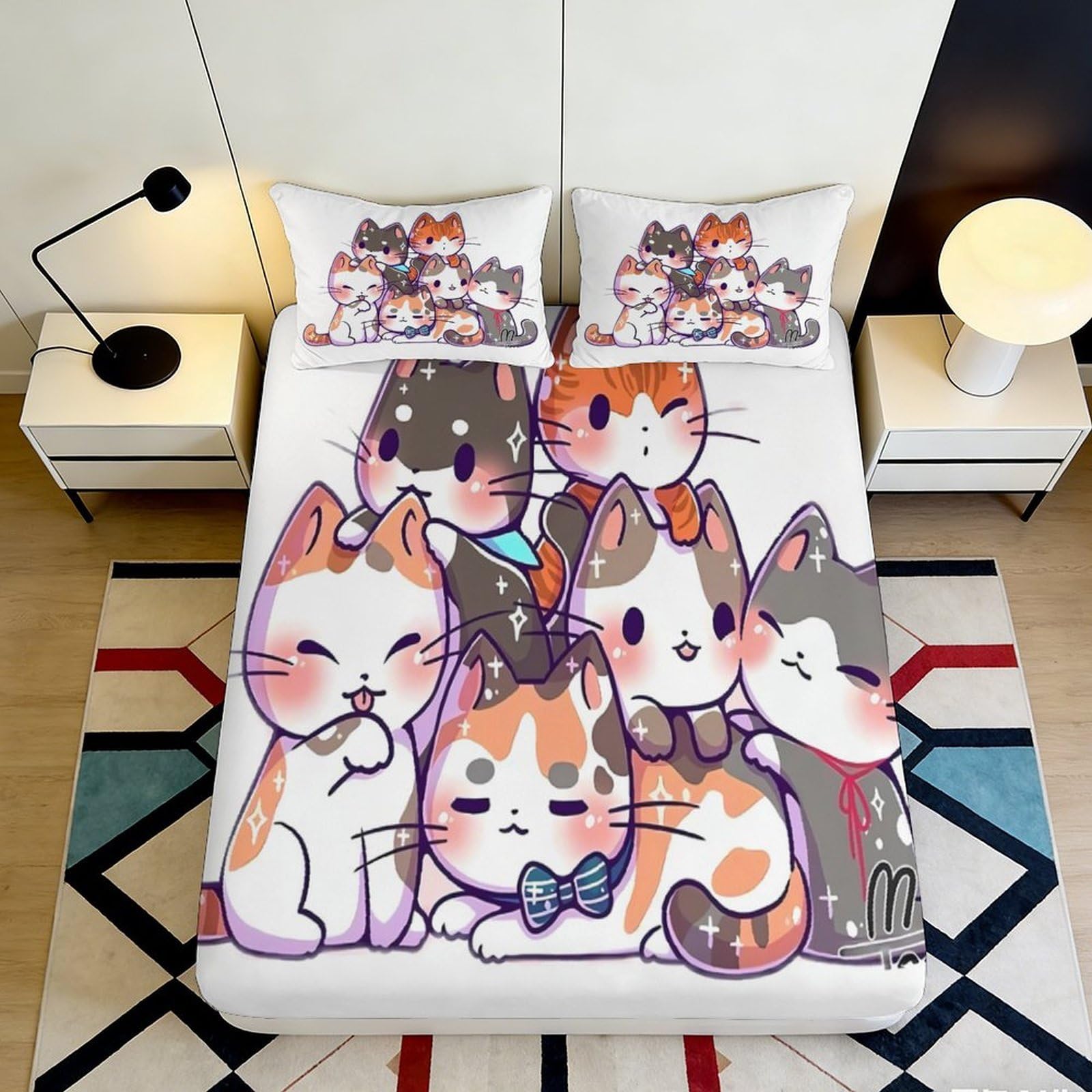 3D Printed Cartoon Cat Fitted Sheet Microfiber Anti-Slip Mattress Cover for Bedroom Dorm Rental Easy Clean Decor 90x200x25cm