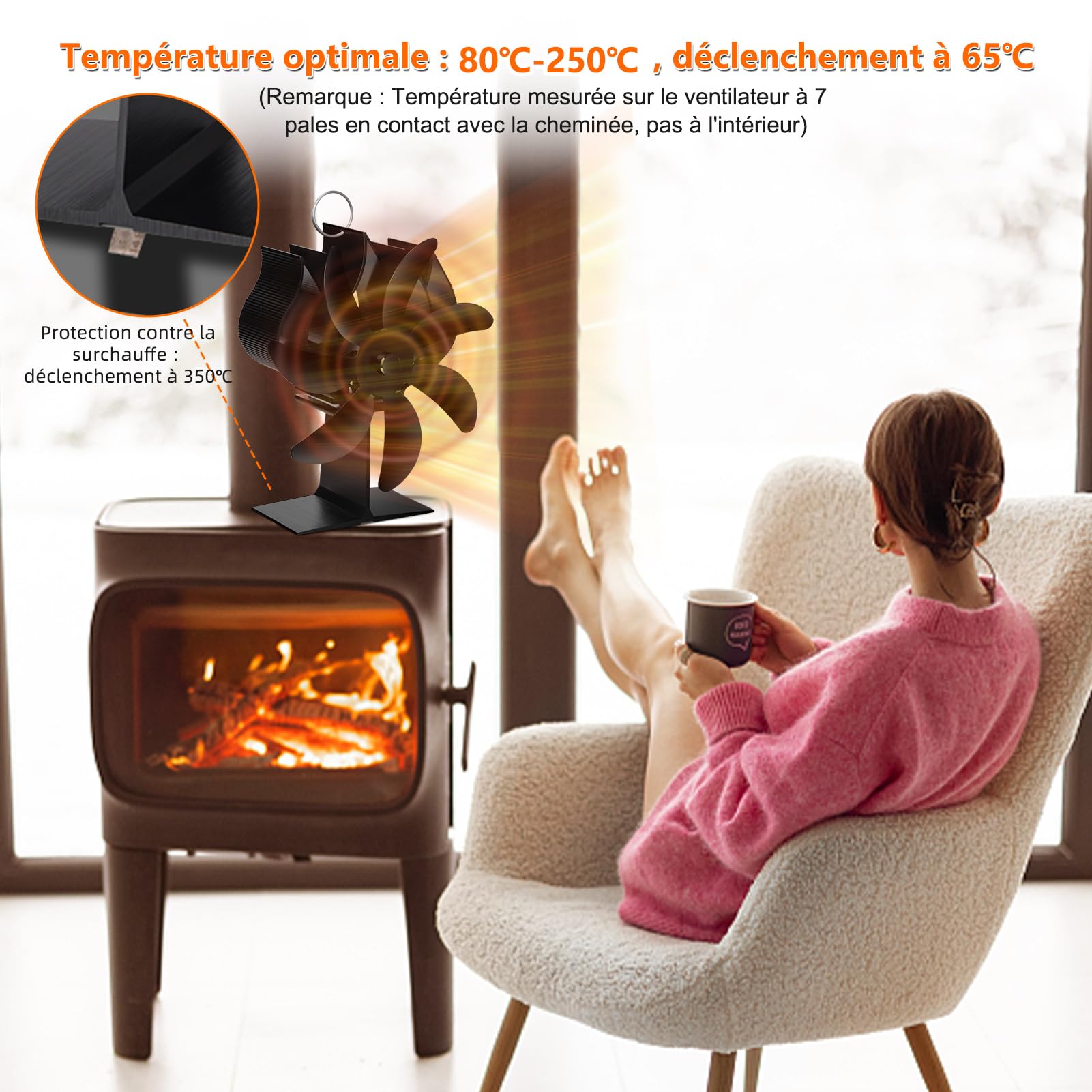 Ventilateur Poele à Bois 7 Pages: Fwiull Ventilateur à Poêle avec Thermomètre, Ventilateur Cheminée Alimenté Par la Chaleur, Ventilateur Bois à Granulés pour Brûleur/Bûches de Poêle,Cycle Silencieux