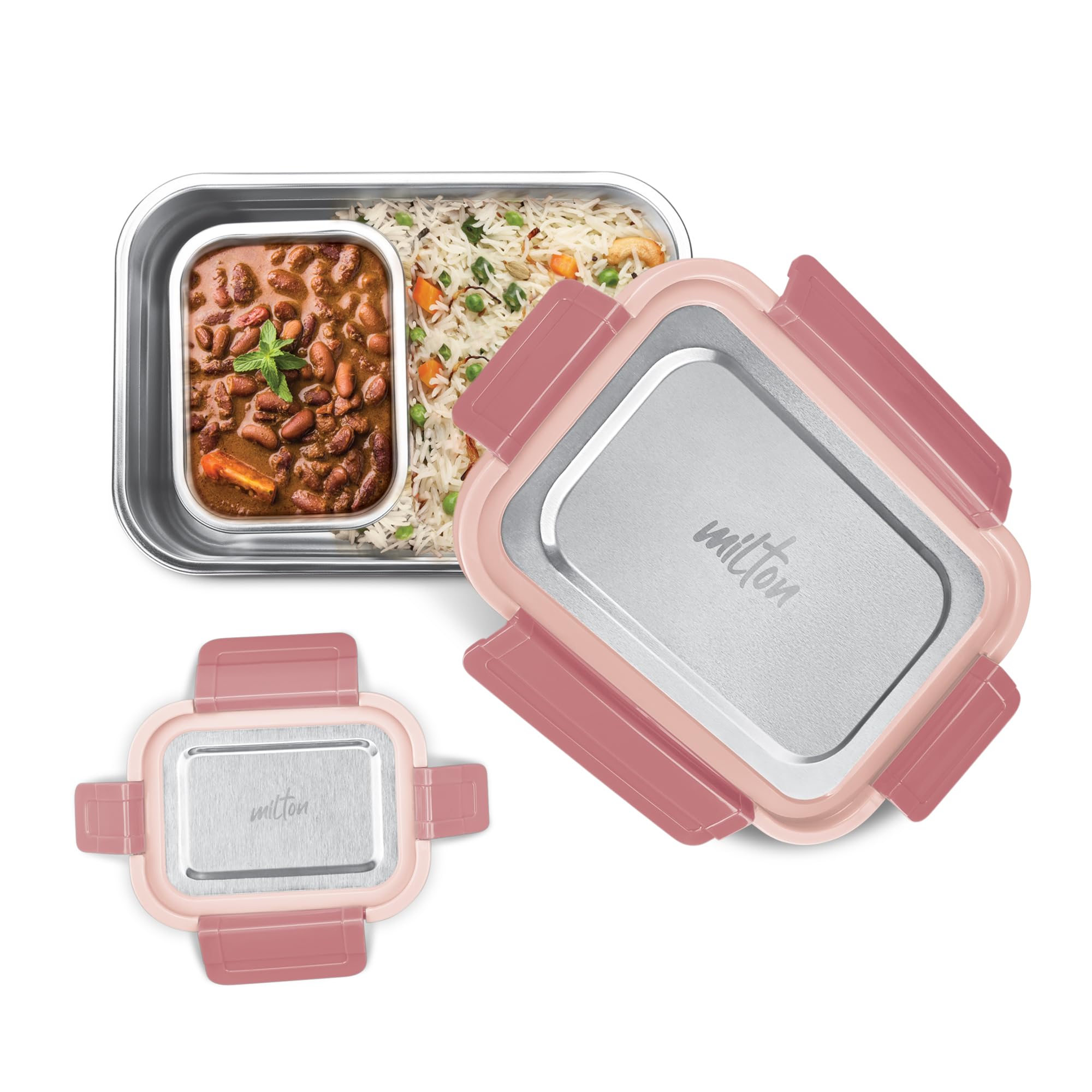 MILTON Home Meal Jr. Stainless Steel Airtight Leak-Proof Lunch Box, Snacks Tiffin for Kids, Light Weight, Easy to Clean, for Office, School, Picnic & Travelling, Set of 2 (770 ml, 180 ml), Pink