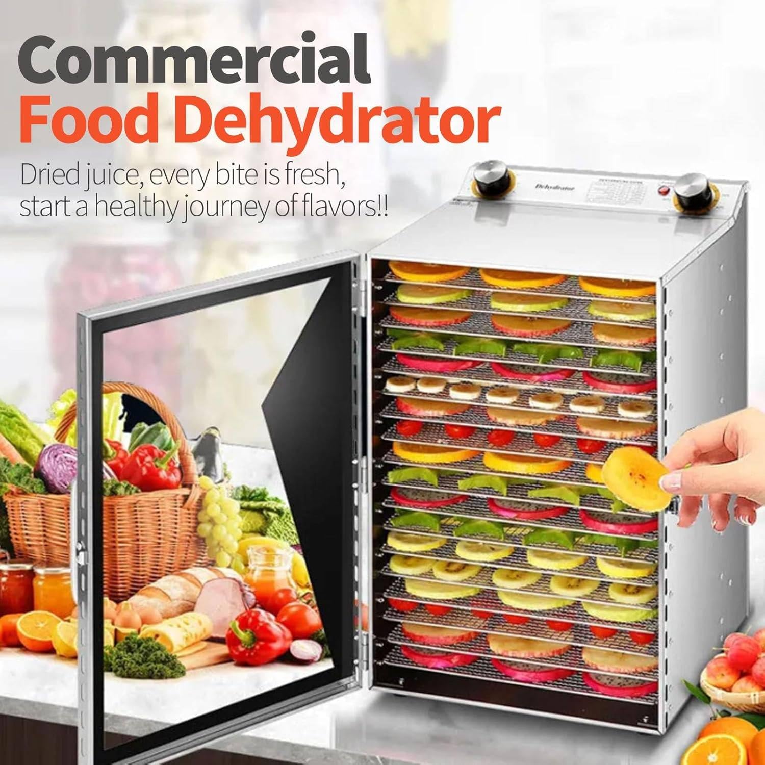 Secador comercial eléctrico de alimentos, deshidratador de alimentos de 400 W, máquina liofilizada de 12/18 capas, control de temporizador, rango de temperatura de 30 a 90 °C, para frutas, verduras