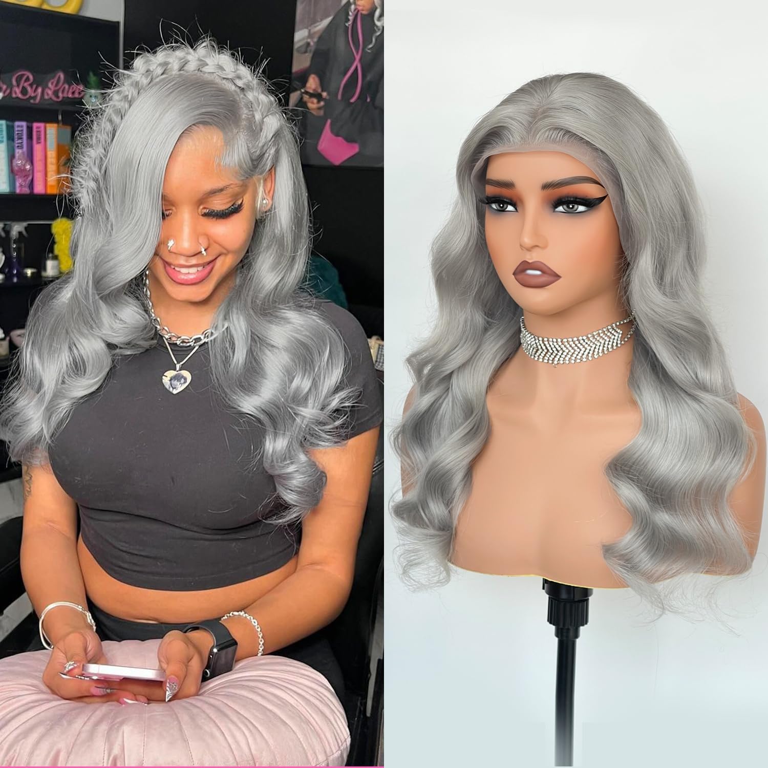 No Mix Fiber Silver Gray Body Wave Lace Front Wigs Human Hair 200 Density Pre Plucked Pre Cut 13x4 UHD Lace Glueless Wig Colored 100% Brazilian Virgin