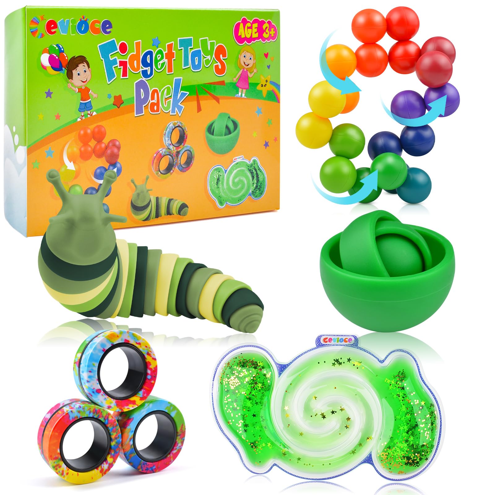 Cevioce 5Pcs Fidget Toys Adults Pack,Easter Basket Stuffers for Teens Boys,Autism Sensory Toys with Fidget Spinner Slug Magnetic Rings,Squishy Fidget