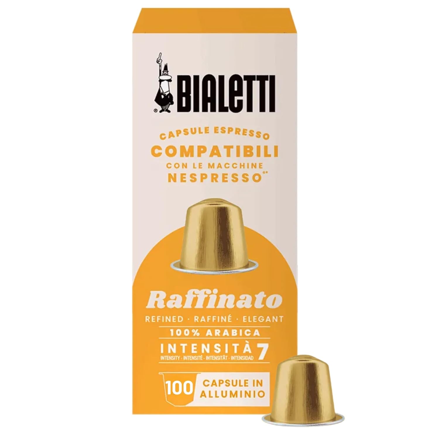 Bialetti Raffinato Espresso Capsules 100 Pack – Original Line Compatible Pods, Intensity 7, Refined Arabica Blend with Floral Fruity and Cocoa Notes