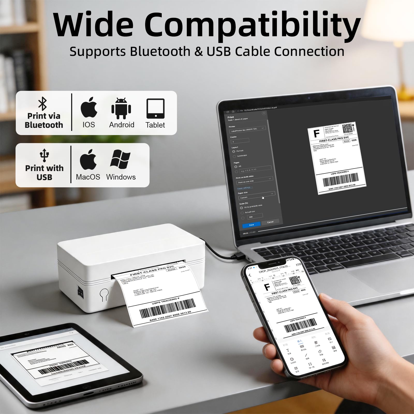 Etikettendrucker Bluetooth, Kabelloser 4x6 Thermo Etikettendrucker für Versandpakete, Unterstützt Android, iPhone, Weit Verbreitet für Amazon, Shopify, Etsy, UPS,DHL