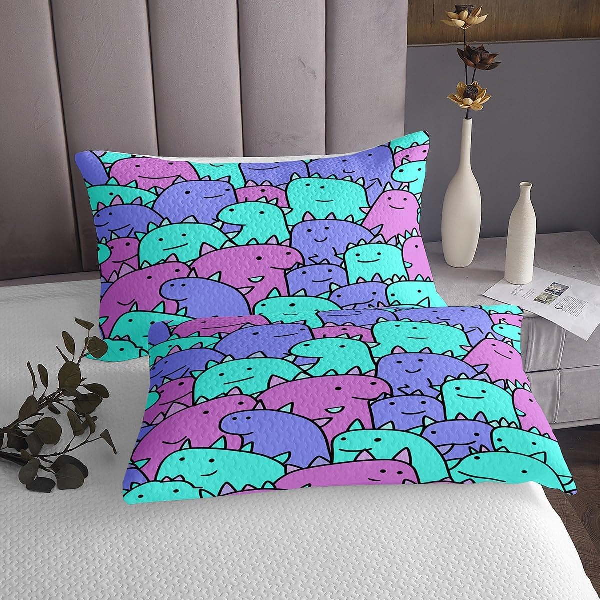 Homewish Kawaii Dinosaur Bedspread Queen Size,Hand Drawn Cartoon Dino Bedding Set for Kids Boys Girls Room Decor,Cute Animal Abstract Art Quilt 3Pcs,Colorful Dinosaur Coverlet Set,2 Pillowcases