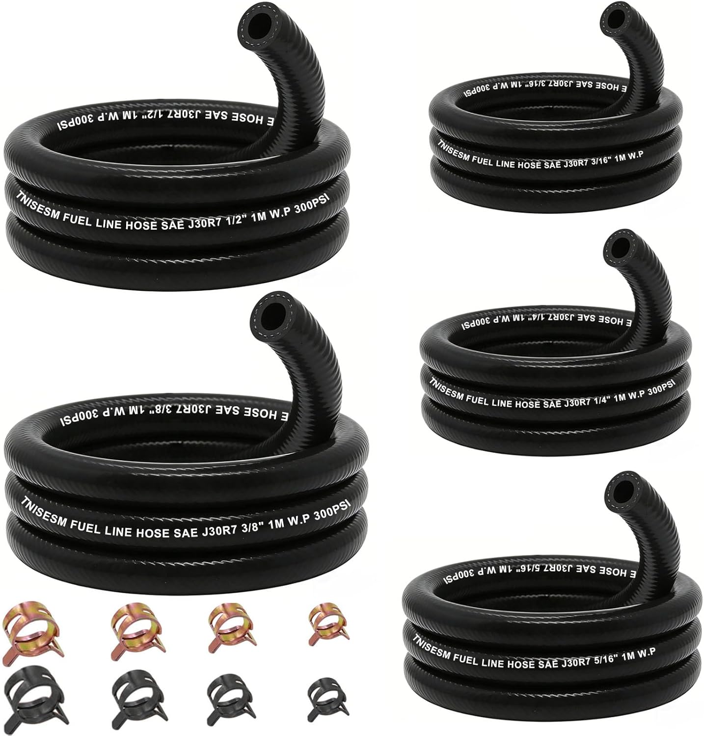 Tnisesm 25PCS Fuel Line Hose Kit - 5 Sizes 3/16" 1/4" 5/16" 3/8" 1/2" NBR Rubber 3.3ft + 20 Clamps for Kawasaki EZGO Golf Cart ATV Tractor Small Engines