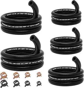 Tnisesm 5 Size Fuel Hose Line - 3/8" 1/2" 5/16" 1/4" 3/16" ID NBR Rubber 3.3ft with 20Pcs Clamps for Small Engines Kawasaki EZGO Golf Cart Snowmobile Motorcycle ATV Tractor