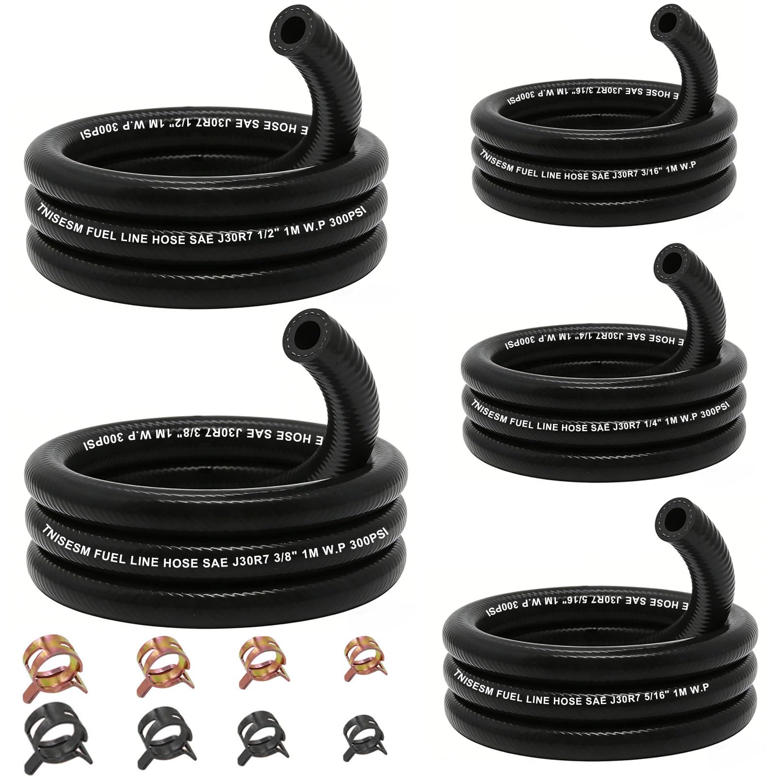 Tnisesm 5 Size Fuel Hose Line - 3/8" 1/2" 5/16" 1/4" 3/16" ID NBR Rubber 3.3ft with 20Pcs Clamps for Small Engines Kawasaki EZGO Golf Cart Snowmobile Motorcycle ATV Tractor