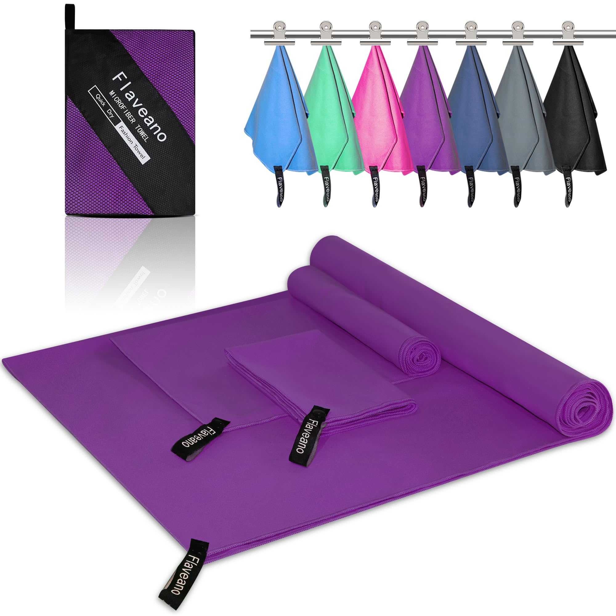 Flaveano Microfibre Towel, Travel Towel Set of 3 Quick Drying | 180x90cm, 80x40cm, 50x30cm for Camping, Swimming, Beach, Gym and Hiking