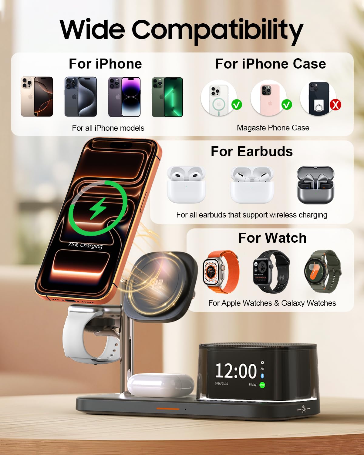 Caricabatterie wireless 7 in 1, altoparlante Bluetooth con sveglia, ricarica rapida per cellulari da 25W, luce d'atmosfera, compatibile con iPhone 17 16 15 Pro Max, auricolari, Samsung e Apple Watch