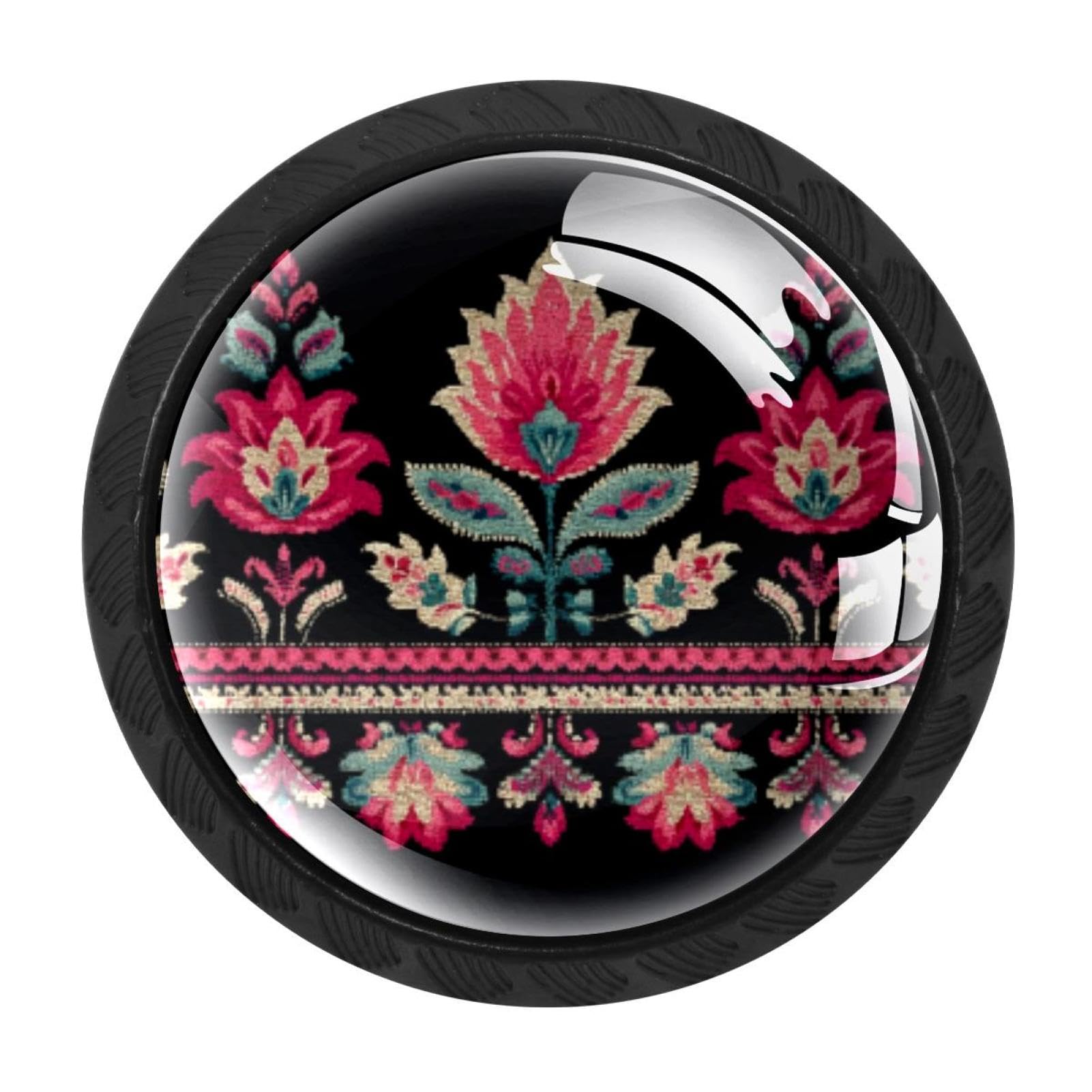 CHENZZZZ 4 Pack Black Motifs African Boho Paisley Floral (1) Drawer Knobs, Cabinet Knobs Round Glass Knobs for Kitchen Cabinet Hardware Bathroom 35MM