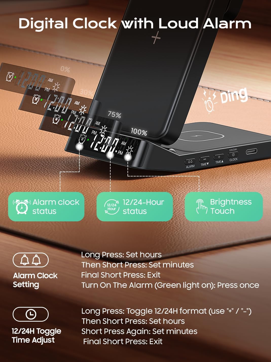 Alarm Clock Wireless Charging Station for Samsung Devices, 3 in 1 Foldable Wireless Charger for Galaxy S26 Ultra S25/Z Fold 7/6/Z Flip, Galaxy Watch Charger Stand for Galaxy Ultra/8/7, Buds