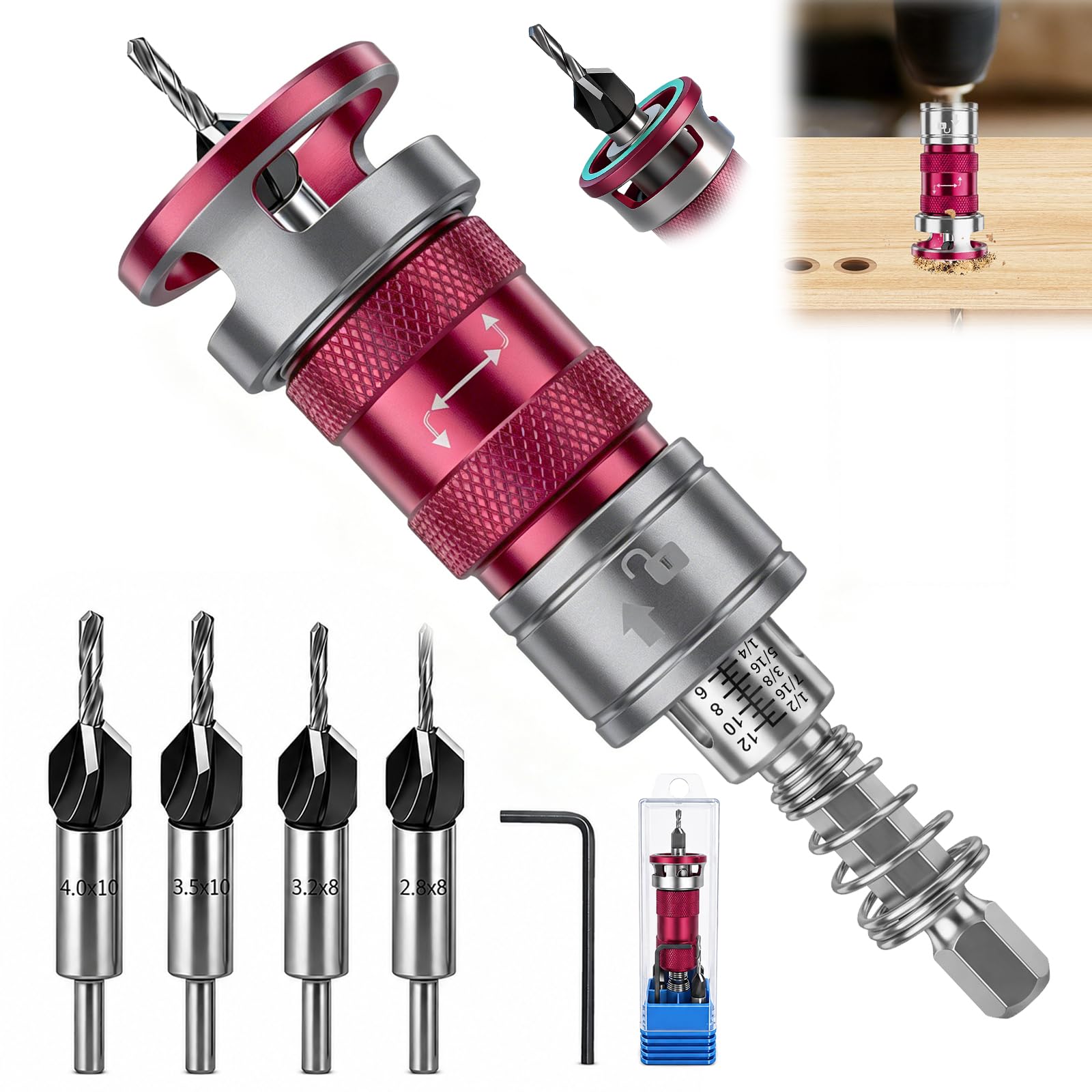 Juego de 6 Broca Avellanadora Madera con tope de profundidad ajustable, Brocas Avellanadores con Vástago Hexagonal de 1/4", Perfecto para Proyectos de Madera, Plástico y Carpintería