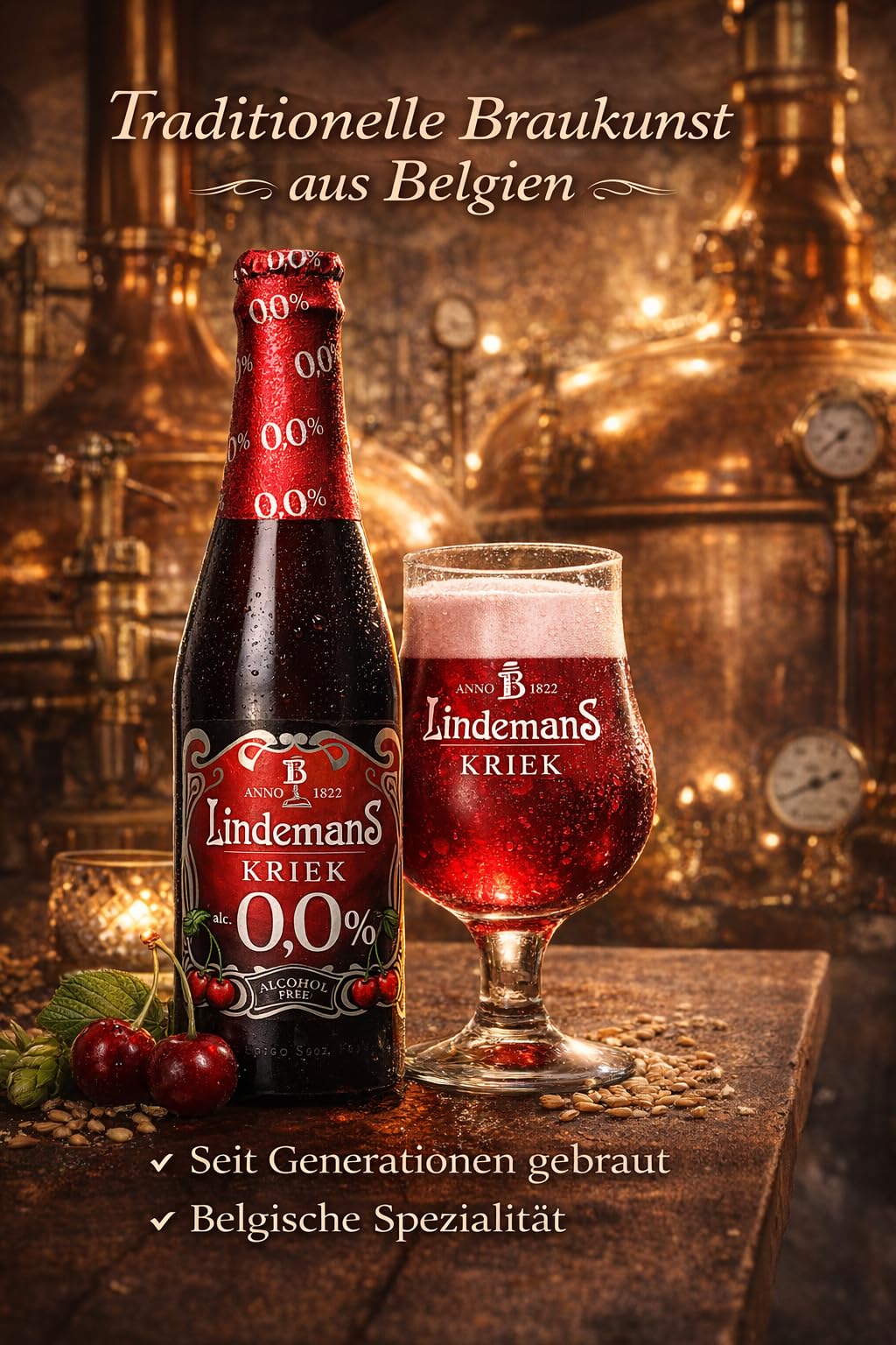 Lindemans Kriek Belgisches Kirschbier, 24 Flaschen à 250ml, 0% Vol, Alkoholfrei, Lambic Fruchtbier, Süß-Sauer