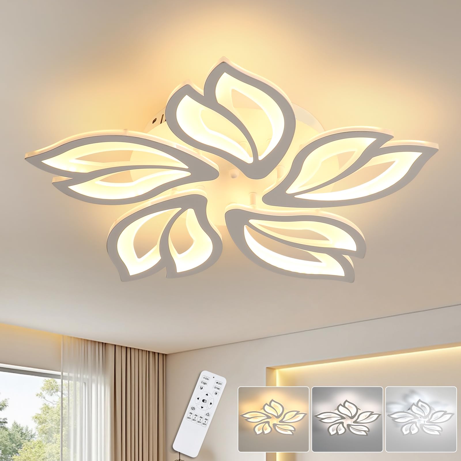 Comely LED Ceiling Light, Dimmable, 45 W Dimmable Ceiling Light with Remote Control, Colour Changing, 3000-6500 K, Creative Petal Design, LED Lamps, Ceiling Light for Kitchen, Bedroom, Balcony, Dining Room, White