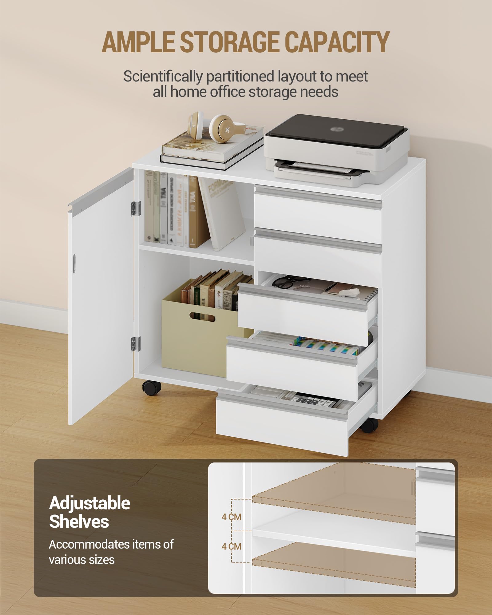 Hzuaneri 80 cm Cassettiera Scrivania su ruote con 5 cassetti e anta, Cassettiera archivio mobile con rotelle, Mobile salvaspazio sotto scrivania con ampio spazio contenitivo, Bianco FC52503X