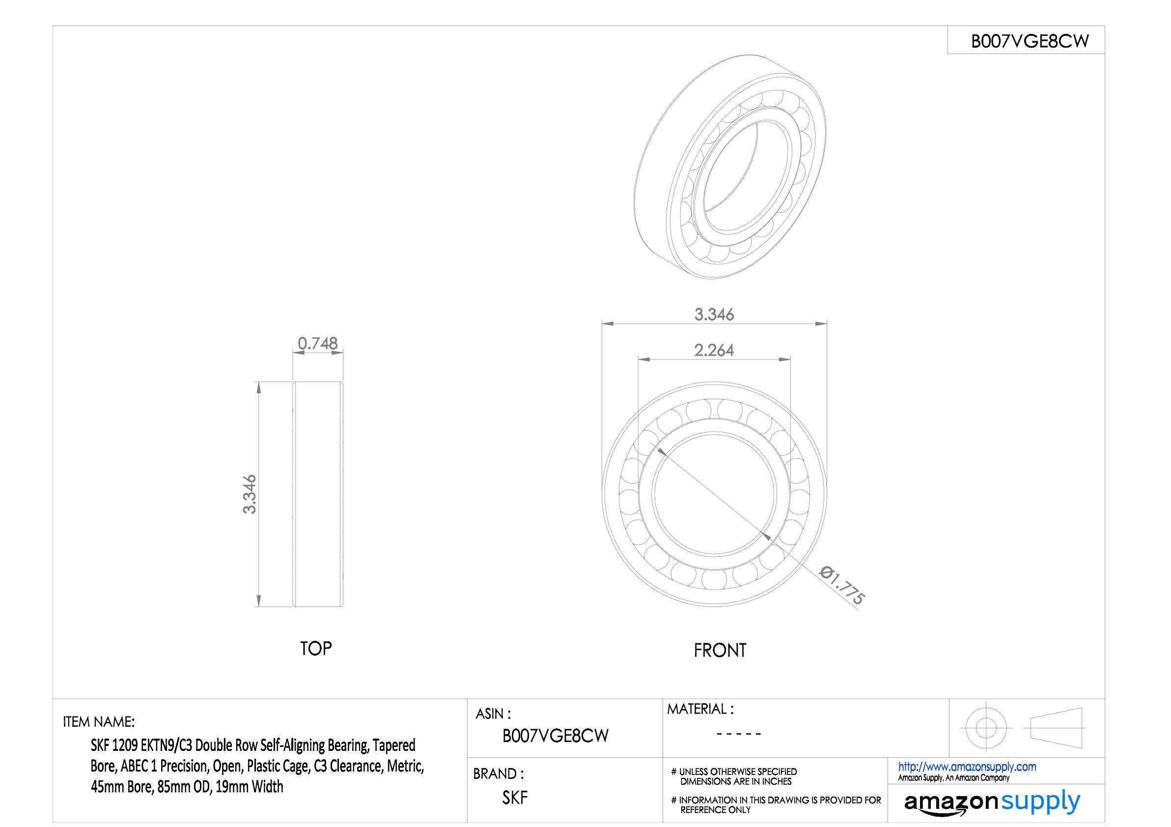SKF 1209 EKTN9/C3 - Rodamiento de bolas autoalineado