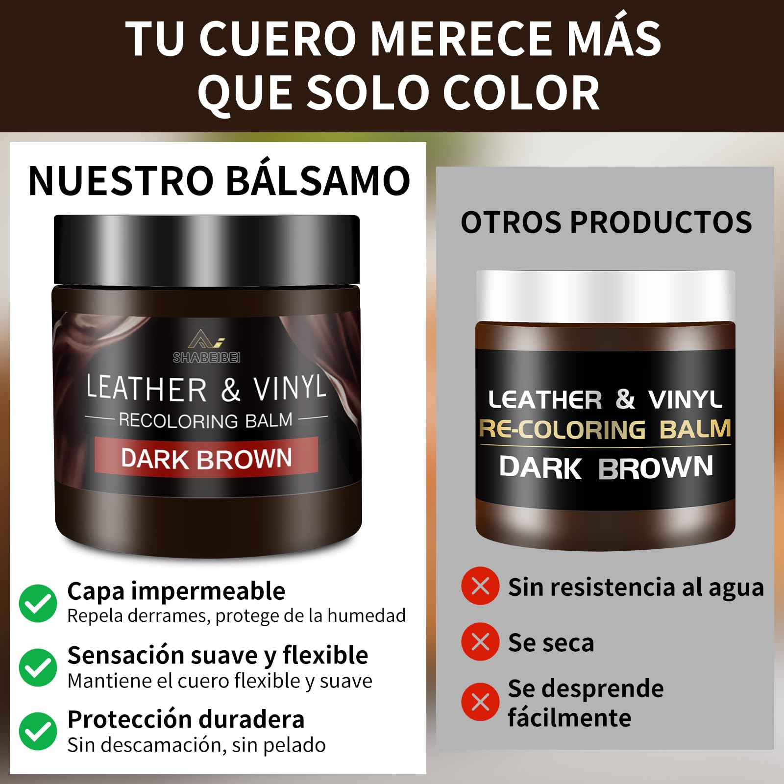 Kit Reparación Cuero Marrón Oscuro, 200ml – Cuidado para Sofás, Asientos de Coche y Bolsos – Reparación de Arañazos y Tinte para Cuero Sintético y Natural