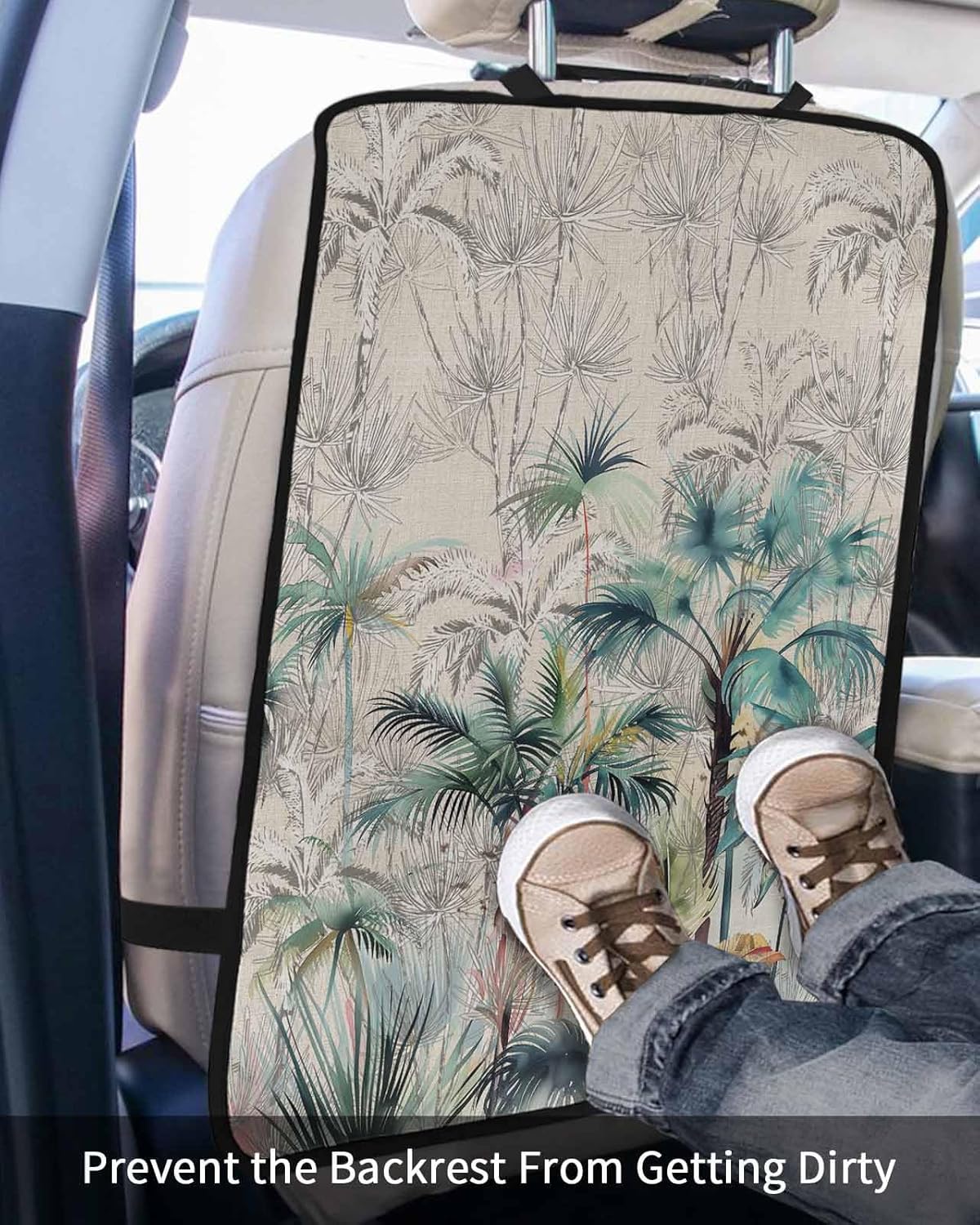 Car Seat Protector, 2 Pack Kick Mats Back Seat Protector Summer Green and Grey Palm Tropical Plants Watercolor Linen Waterproof Backseat Cover for Kids Universal Fit Automotive Interior Protectors