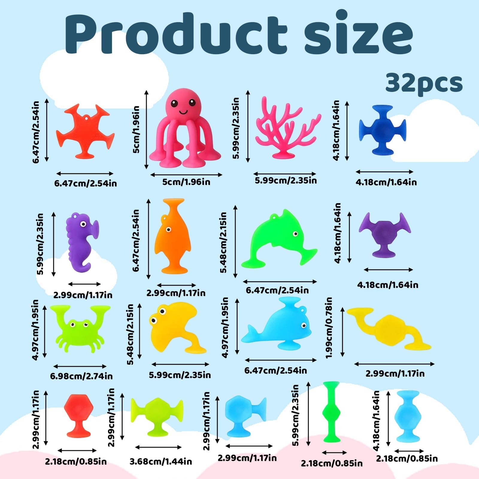 32 PCS Suction Toys, Bath Toy Set, Vibrant 5cm Sensory Water Play for Imaginative Fun and Learning, 10 cm x 10 cm x 1 cm - Image 2