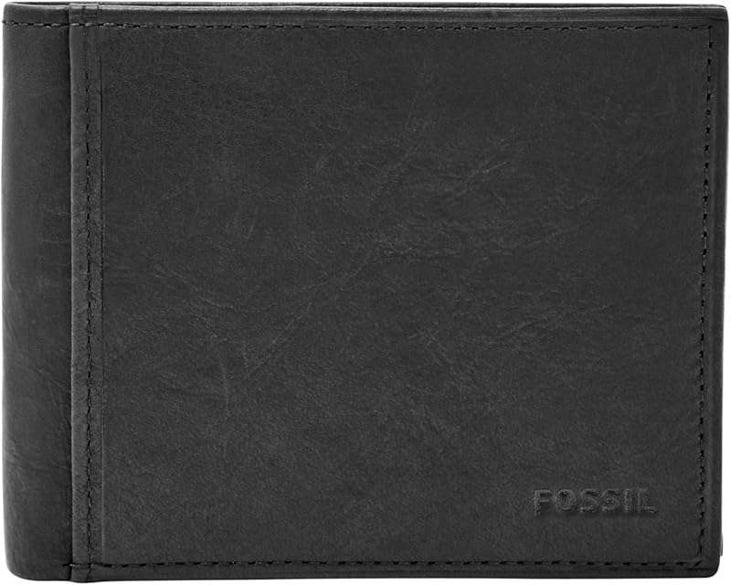 Fossil Cartera para hombre, cartera plegable de piel con bloqueo RFID y tapa para identificación, color negro