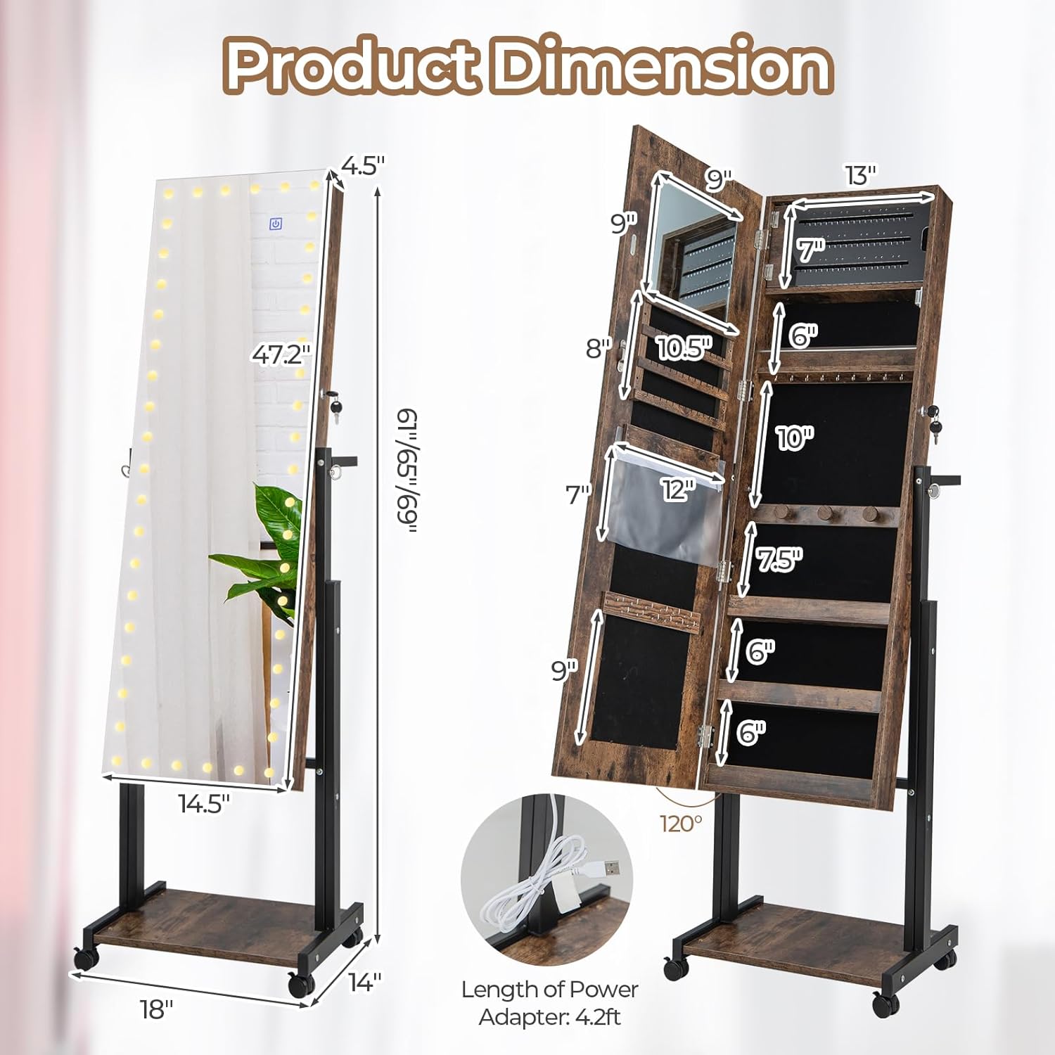 Product dimensions of CHARMAID Jewelry Armoire