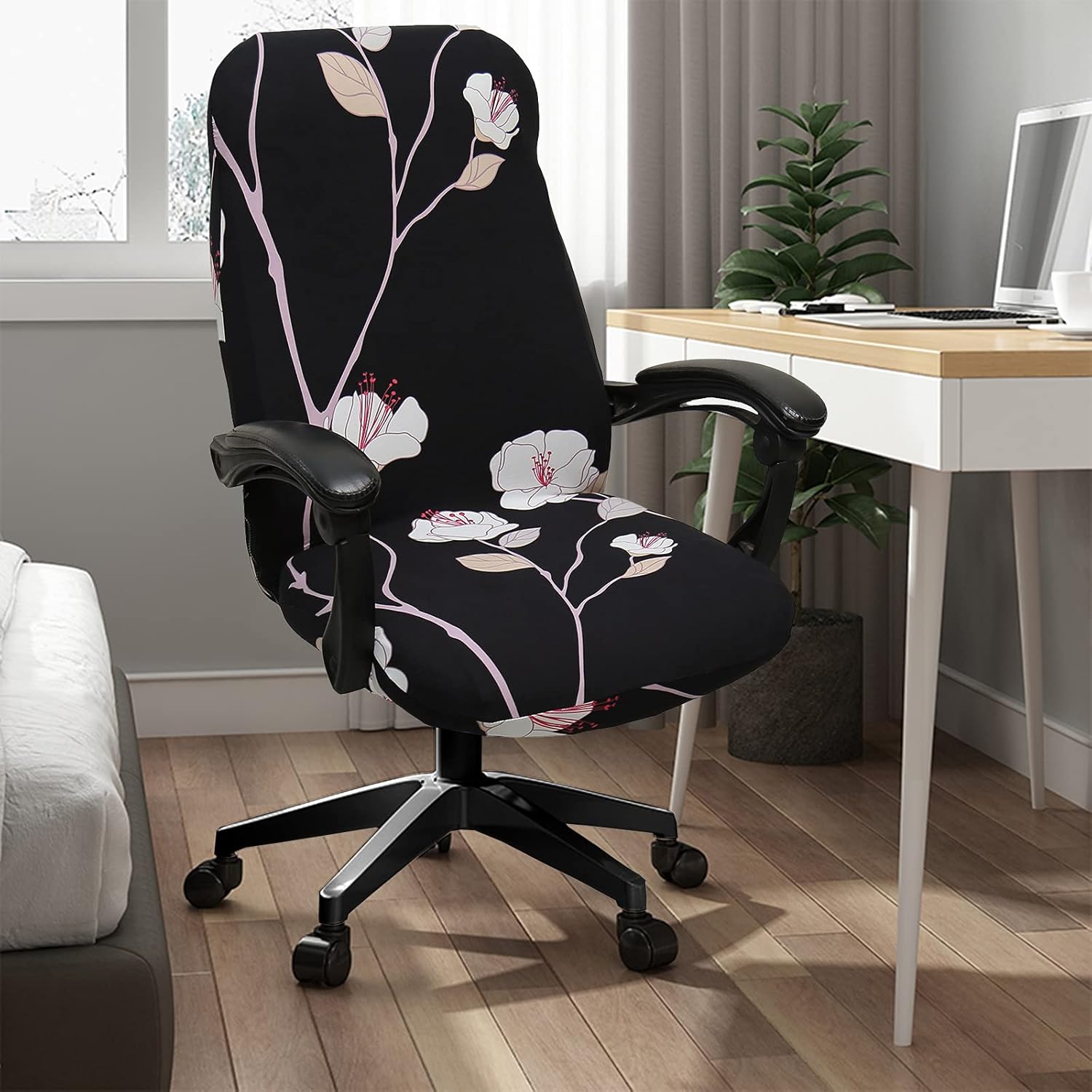 WOMACO Printed Office Chair Covers, Stretch Computer Universal Boss Modern Simplism Style High Back Chair Slipcover - White Flowers, X-Large