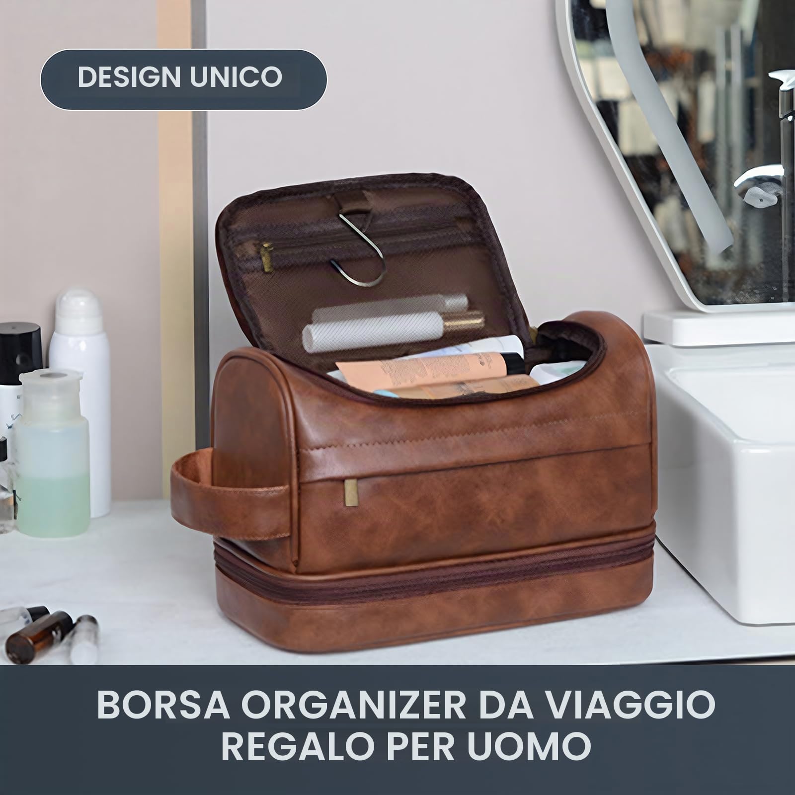 Beauty case da uomo,grande astuccio da viaggio in pelle con gancio per appenderlo