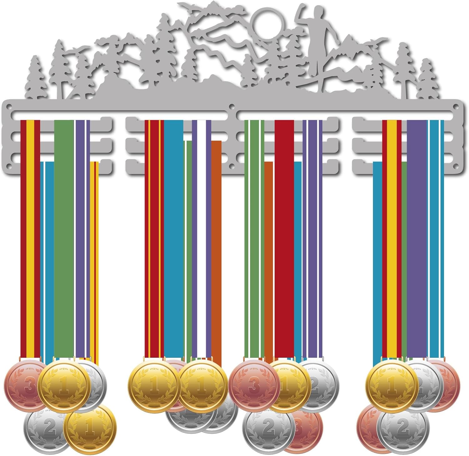 CREATCABIN Running Medal Holder Mountain Medal Hanger Display Sun Trees Birds Wall Rack Metal Silver Sports Race Ribbons Hanging Mount Decor for Runners Marathon Athlete Players 15.7 x 5.9Inch