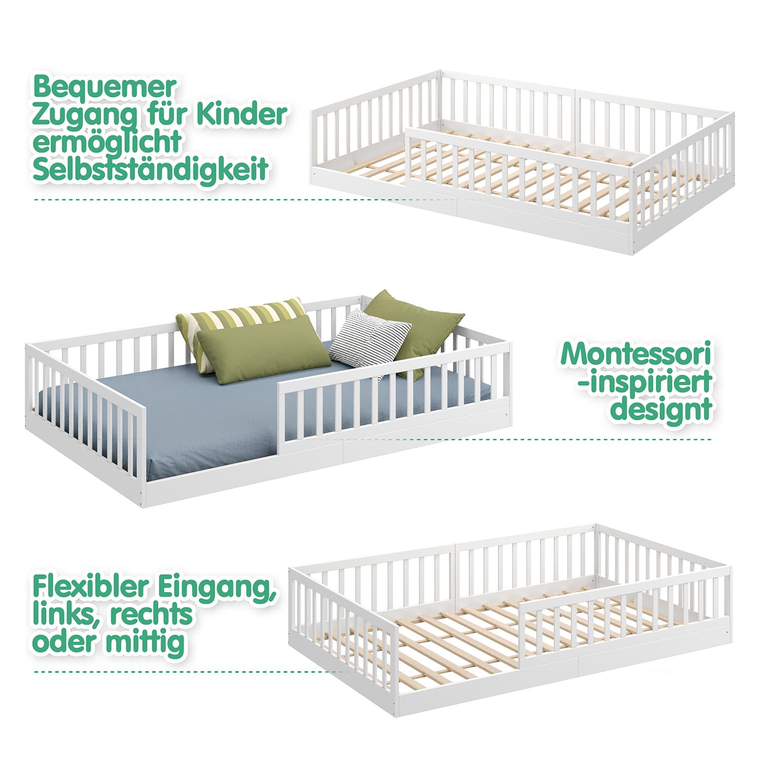 CADANI Timi Lit de Sol 120x200 cm Lit Enfant Montessori avec Barrière de Sécurité et Sommier à Lattes, Bois Massif Pin, Blanc, 3 Variantes de Construction