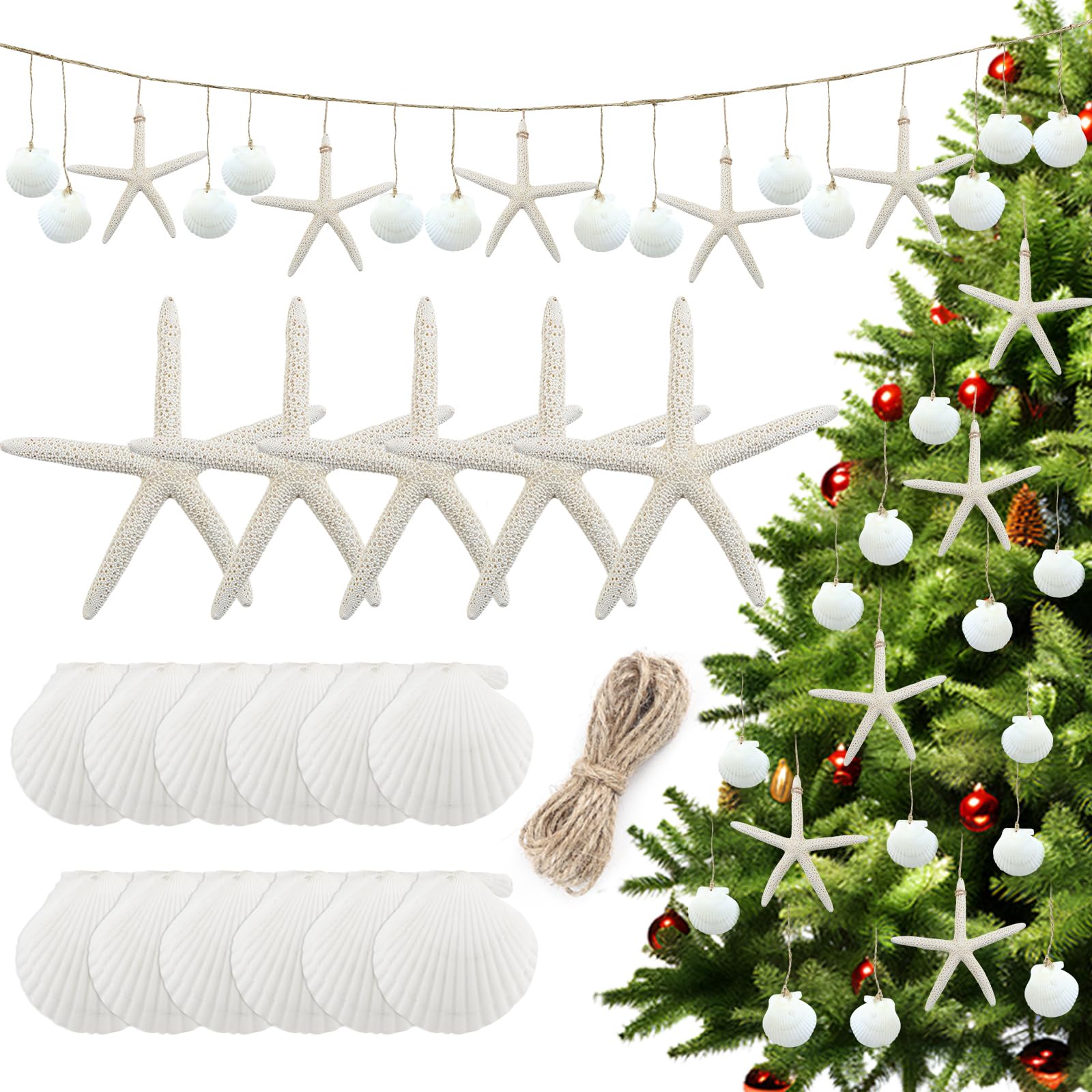 Fangoo White DIY Starfish Sea Shell Garland Coastal Nautical Party Decoration Shells Bunting Banner for Ocean Themed Birthday Party Beach Wedding Christmas Tree decor Under The Sea Mermaid Parties